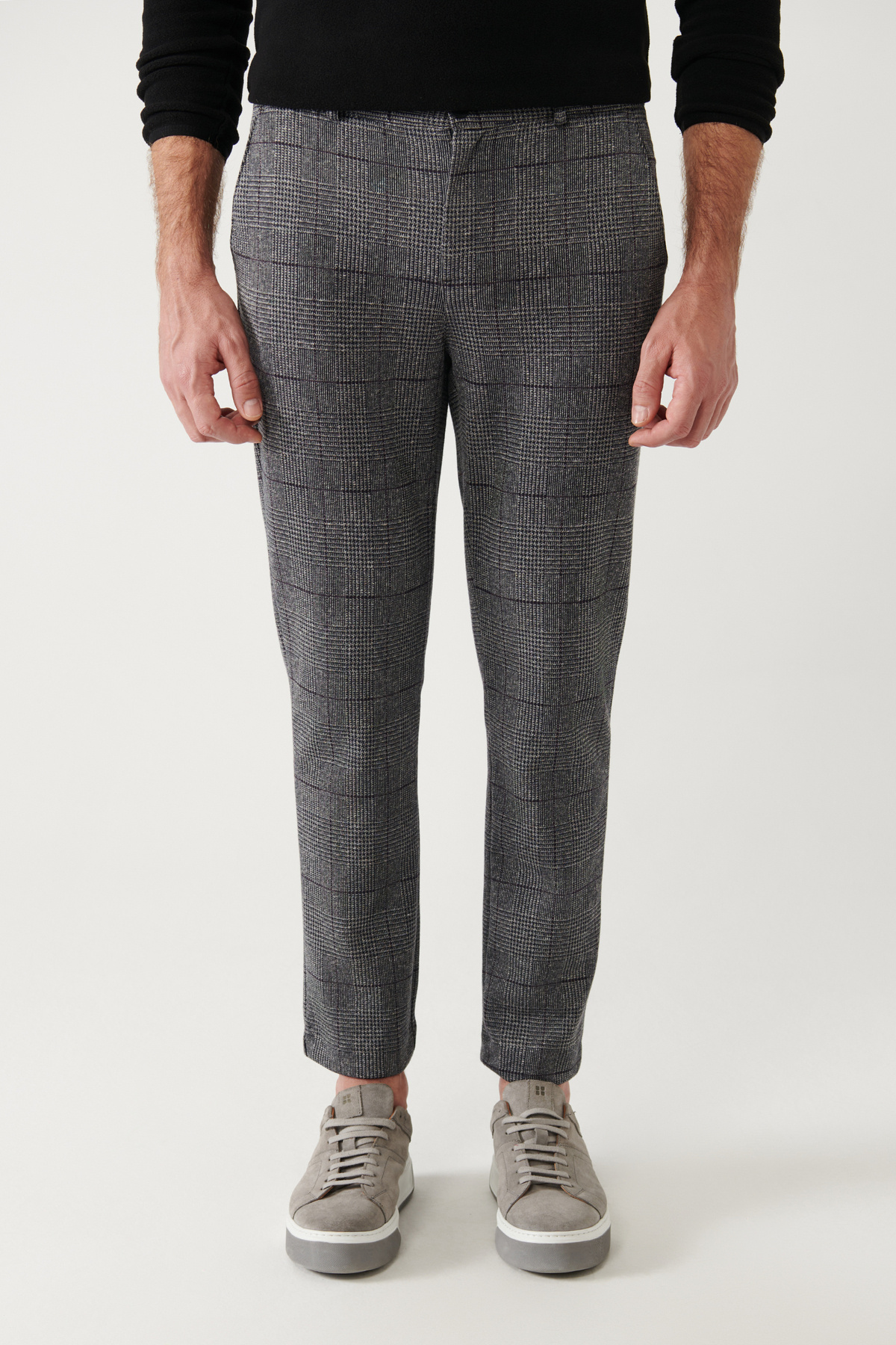 Avva-Men's Black Side Pocket Plaid Soft Button Knitted Chino Pants A32Y3075 2