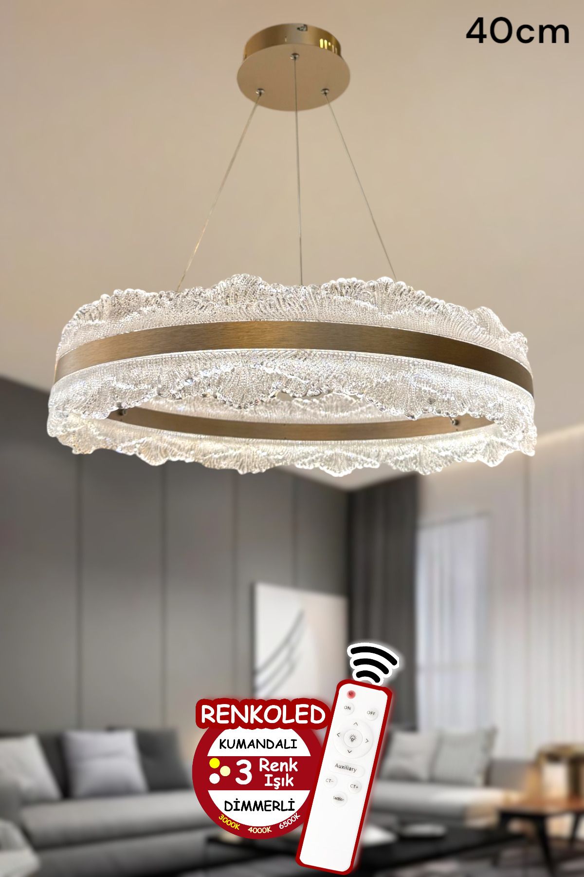 Renkoled Aydınlatma 3 Renk ışıklı kumandalı Modern Sarkıt Led Avize ledli avize Salon ,oda ,mutfak ,hol 40 CM