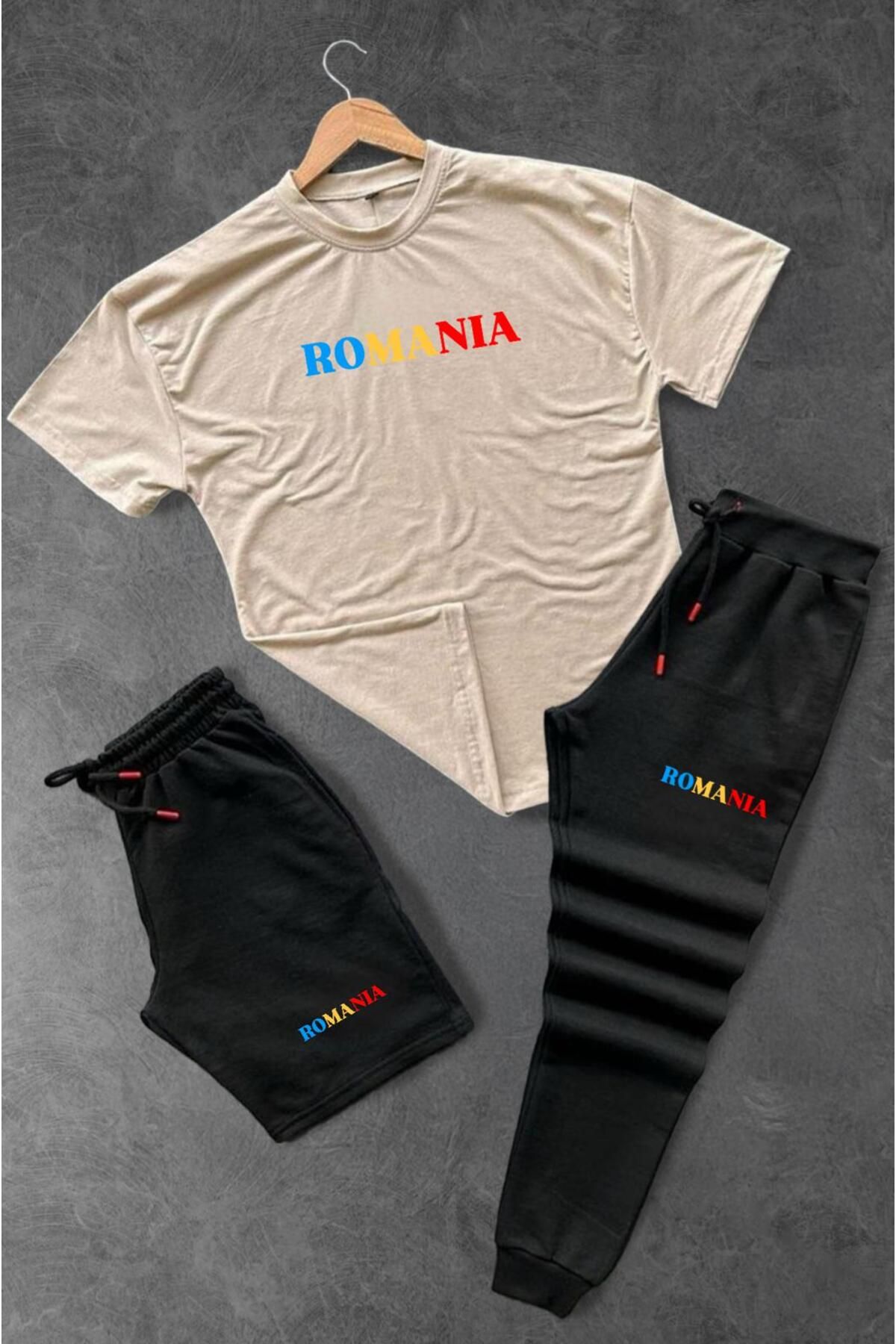 woonkey UNISEX OVERSİZE ROMANIA BASKILI BİSİKLET YAKA PENYE TİŞÖRT ŞORT EŞOFMAN 3'LÜ SET