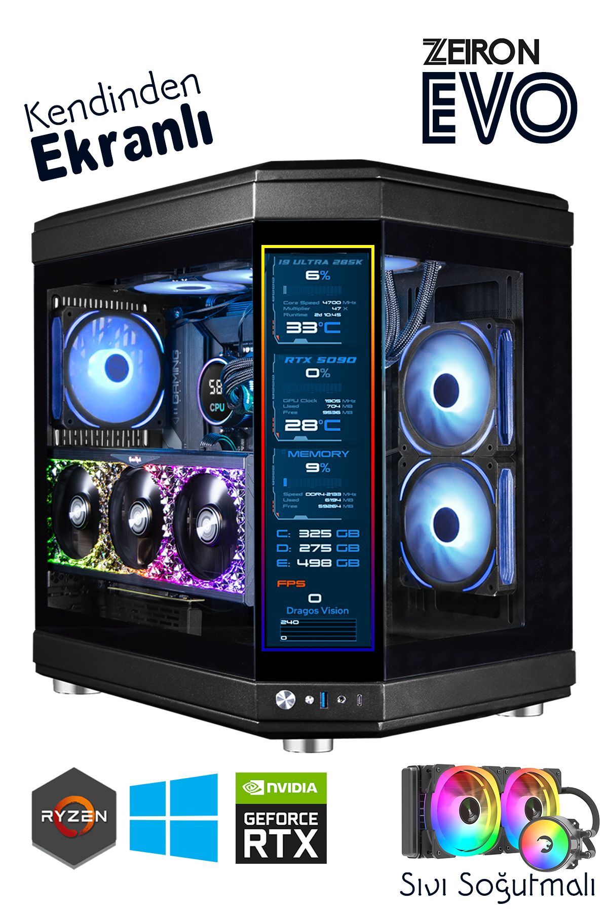 Zeiron Evo X7 Ryzen 7 5700X 32GB RAM 1TB M.2 SSD RTX4060 Sıvı Soğutmalı 12" LCD Ekranlı Oyuncu Bilgisayarı