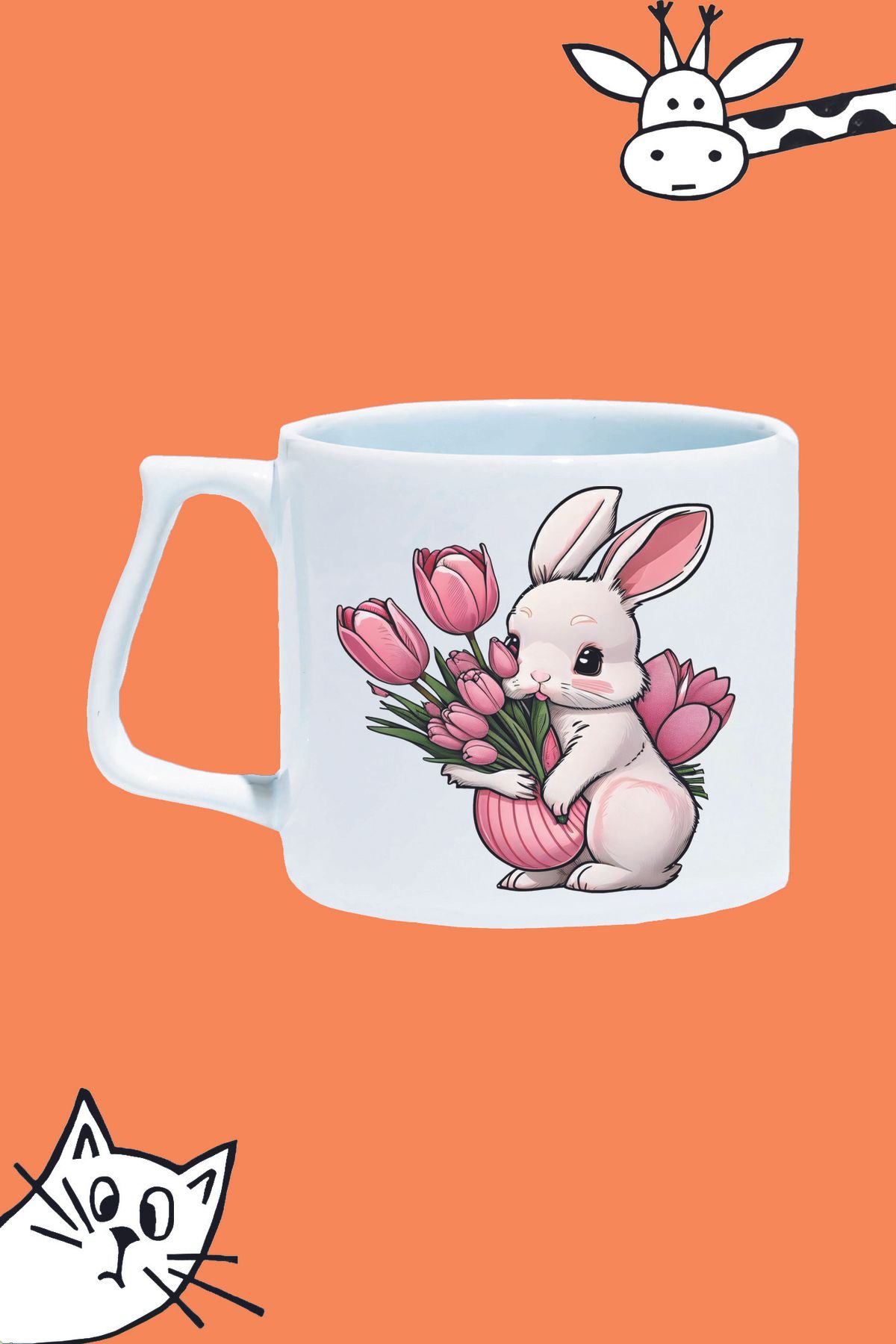 Olympus plus PINK RABBIT SEVİMLİ PEMBE TAVŞAN TASARIM BASKILI BEYAZ LÜKS KUPA BARDAK
