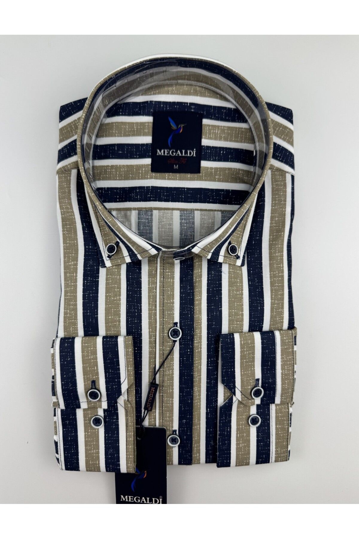 MEGALDİ Erkek Slim Fit Kesim Bej Lacivert Çizgili Uzun Kollu Gömlek