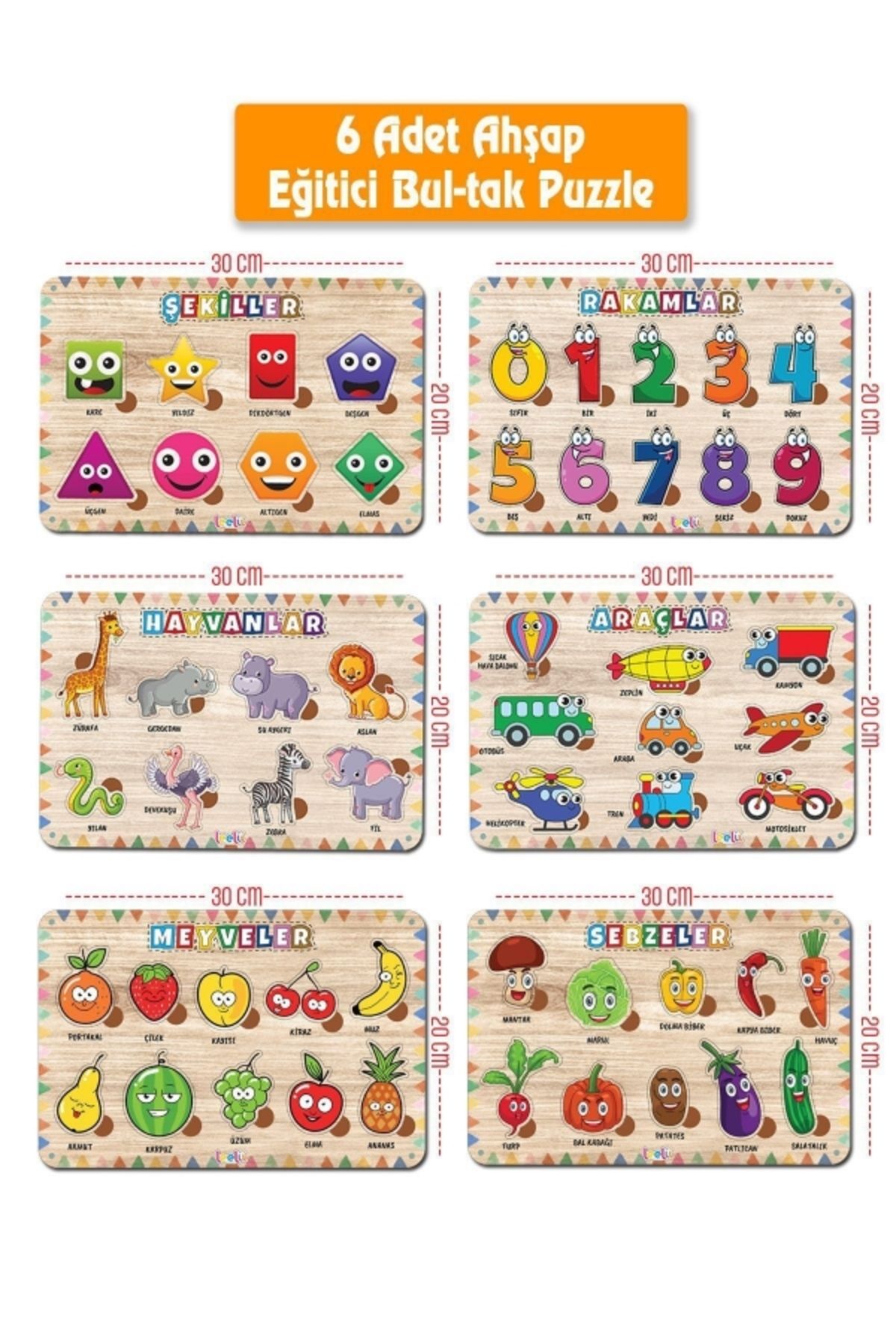 WoodyLife 1+ Hayvanlar-Araçlar-Şekiller-Rakamlar-Meyveler-Sebzeler Ahşap 6’lı Set, Eğitici-Öğretici Yapboz Sa