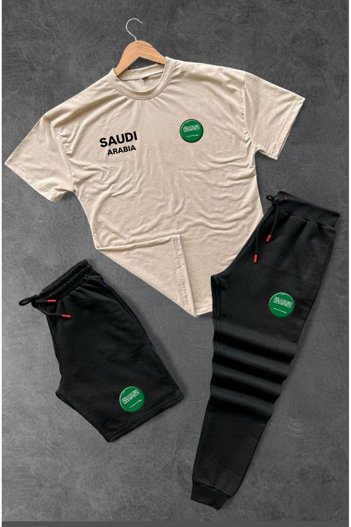 woonkey UNISEX OVERSİZE SAUDI ARABIA BASKILI BİSİKLET YAKA PENYE TİŞÖRT ŞORT EŞOFMAN 3'LÜ SET