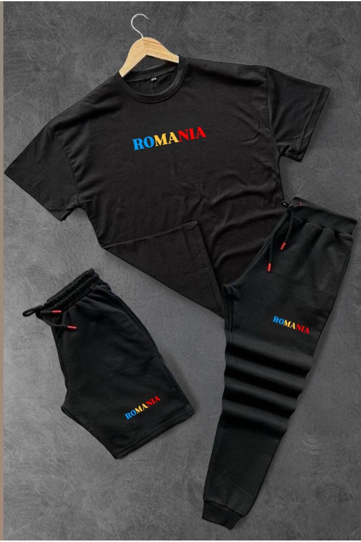 woonkey UNISEX OVERSİZE ROMANIA BASKILI BİSİKLET YAKA PENYE TİŞÖRT ŞORT EŞOFMAN 3'LÜ SET