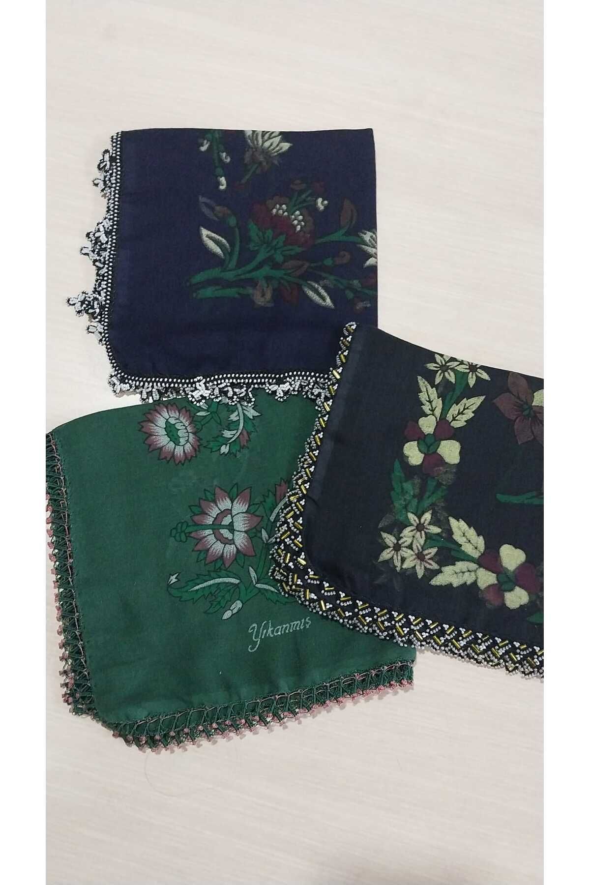 Papatyam El işi 3 Adet Boncuklu Tığ Oyalı Yazma/Boncuklu Tığ İşi Yazma/Vintage/Çeyizlik Yemeni/80x80/Pamuklu