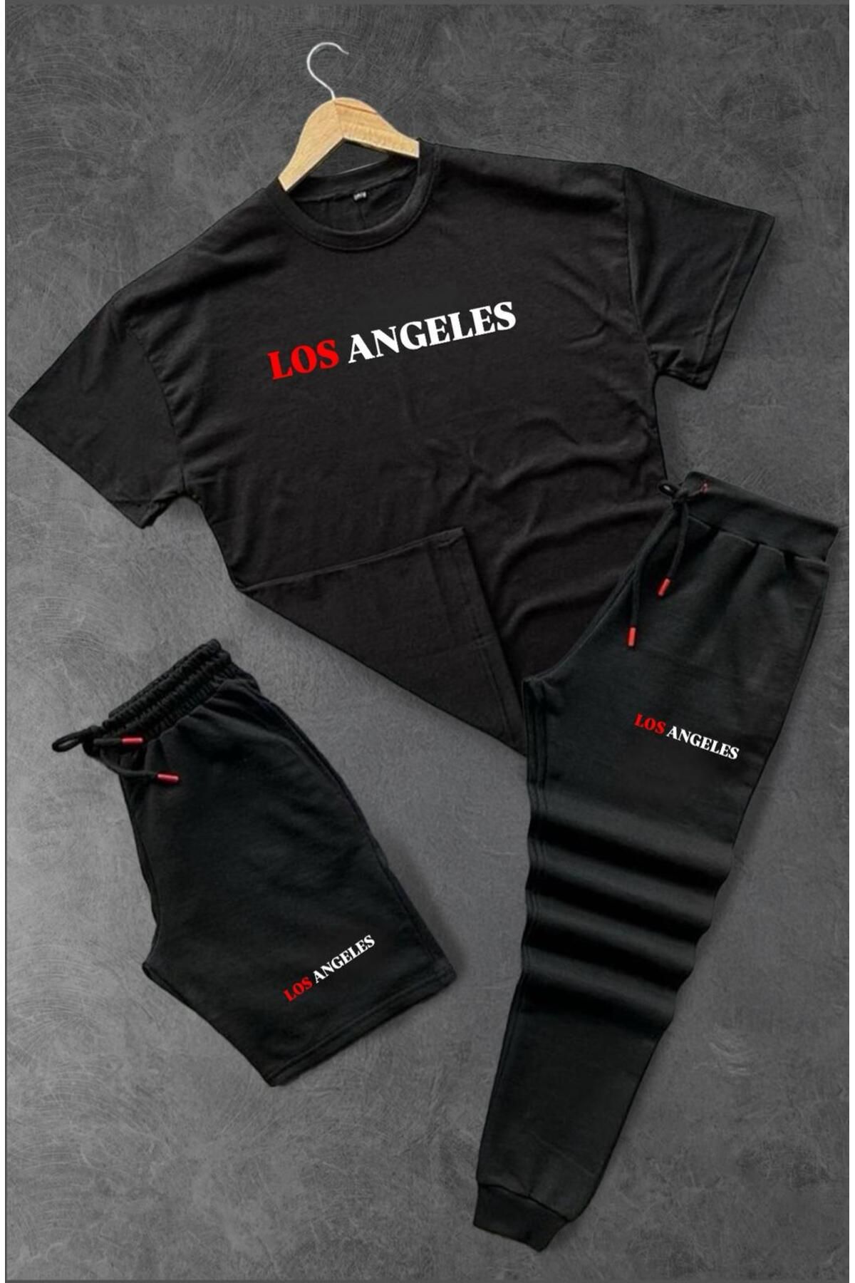 woonkey UNISEX OVERSİZE LOS ANGELES BASKILI BİSİKLET YAKA PENYE TİŞÖRT ŞORT EŞOFMAN 3'LÜ SET YAZLIK