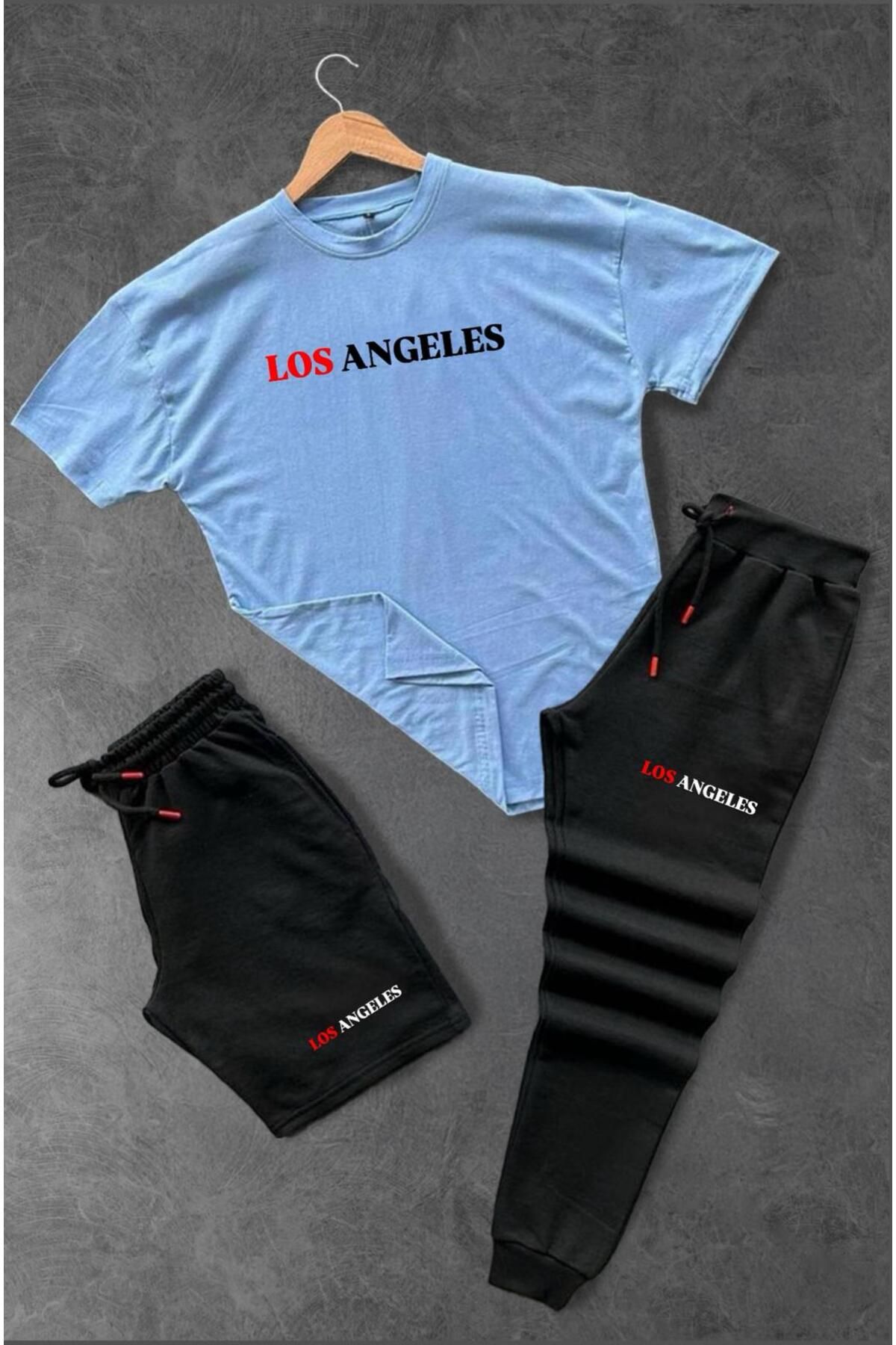 woonkey UNISEX OVERSİZE LOS ANGELES BASKILI BİSİKLET YAKA PENYE TİŞÖRT ŞORT EŞOFMAN 3'LÜ SET YAZLIK