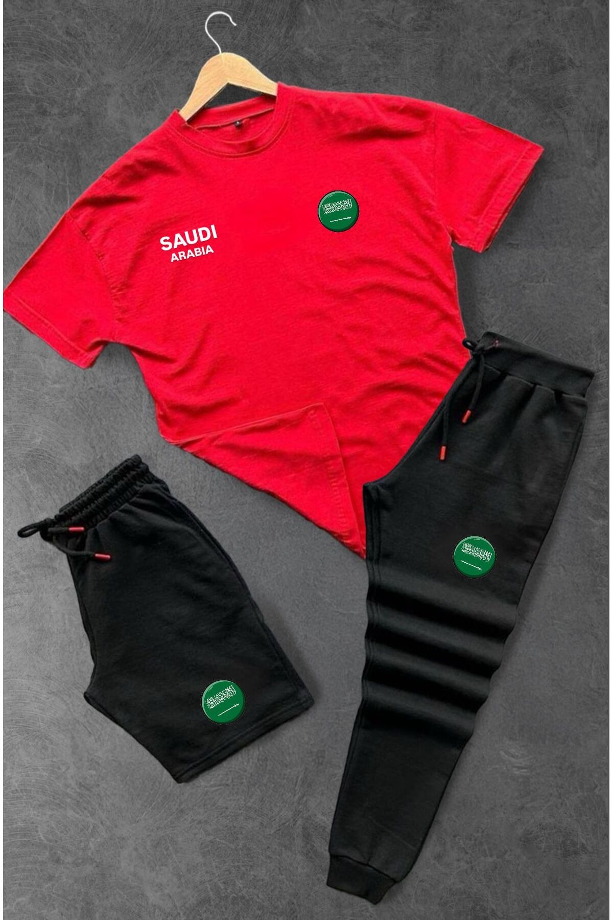 woonkey UNISEX OVERSİZE SAUDI ARABIA BASKILI BİSİKLET YAKA PENYE TİŞÖRT ŞORT EŞOFMAN 3'LÜ SET