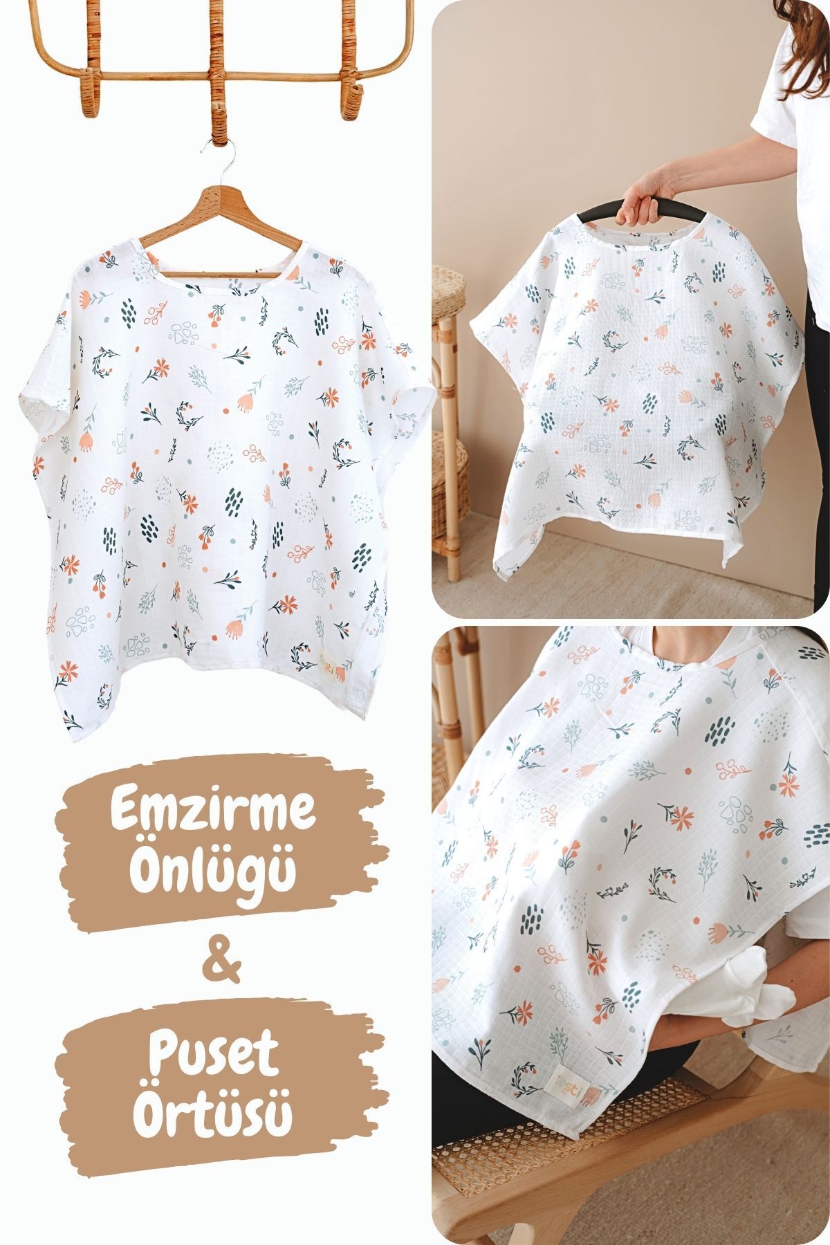 ESTİ Baby Çok Amaçlı Müslin Emzirme Önlüğü / Puset Örtüsü / Bebek Arabası Örtüsü %100 Pamuk 85x130 cm