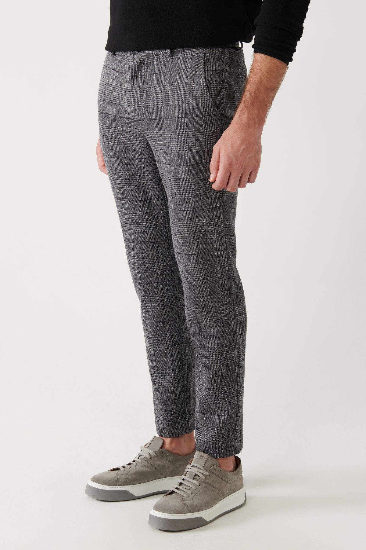 Avva-Men's Black Side Pocket Plaid Soft Button Knitted Chino Pants A32Y3075 3