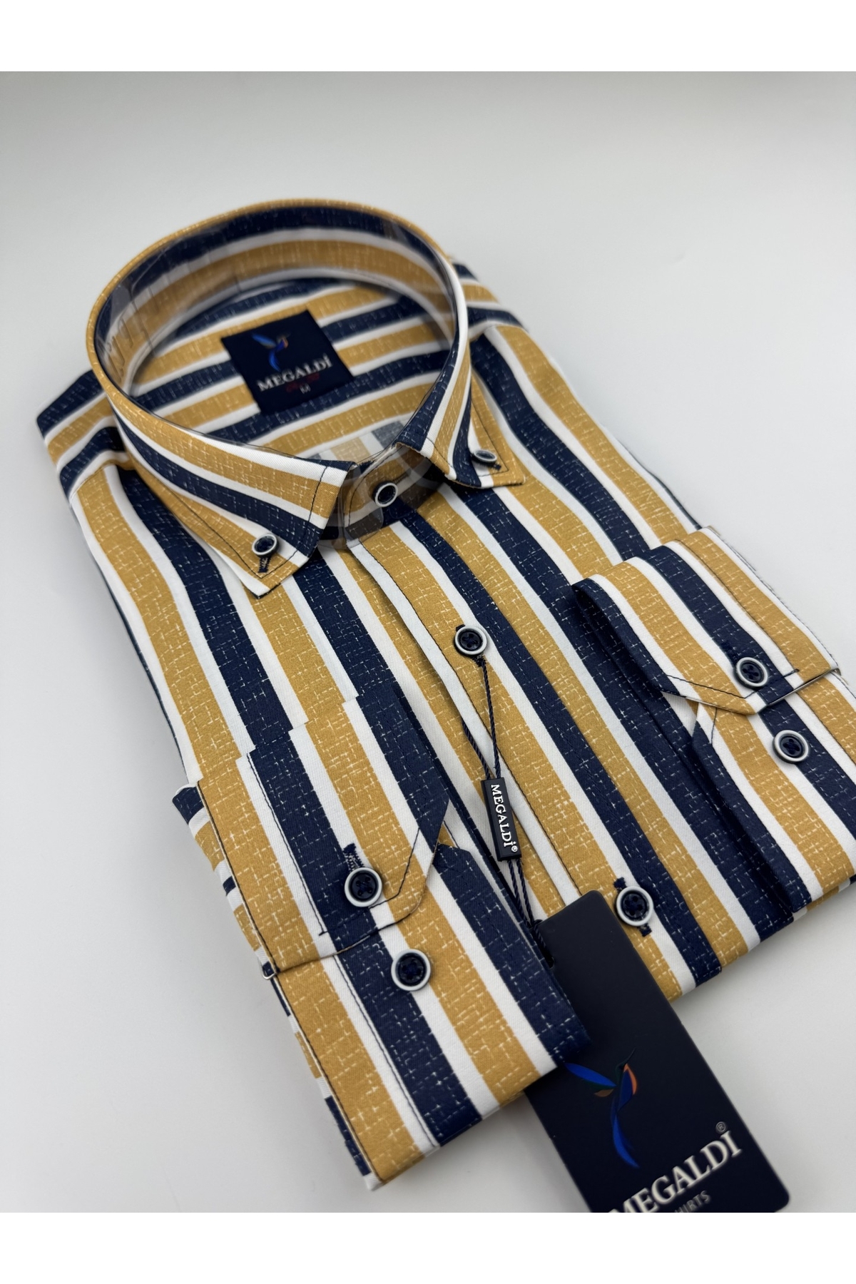 Erkek Slim Fit Kesim Sarı Lacivert Çizgili Uzun Kollu Gömlek — زرد MGLD-7078 — تصویر 4 از 4