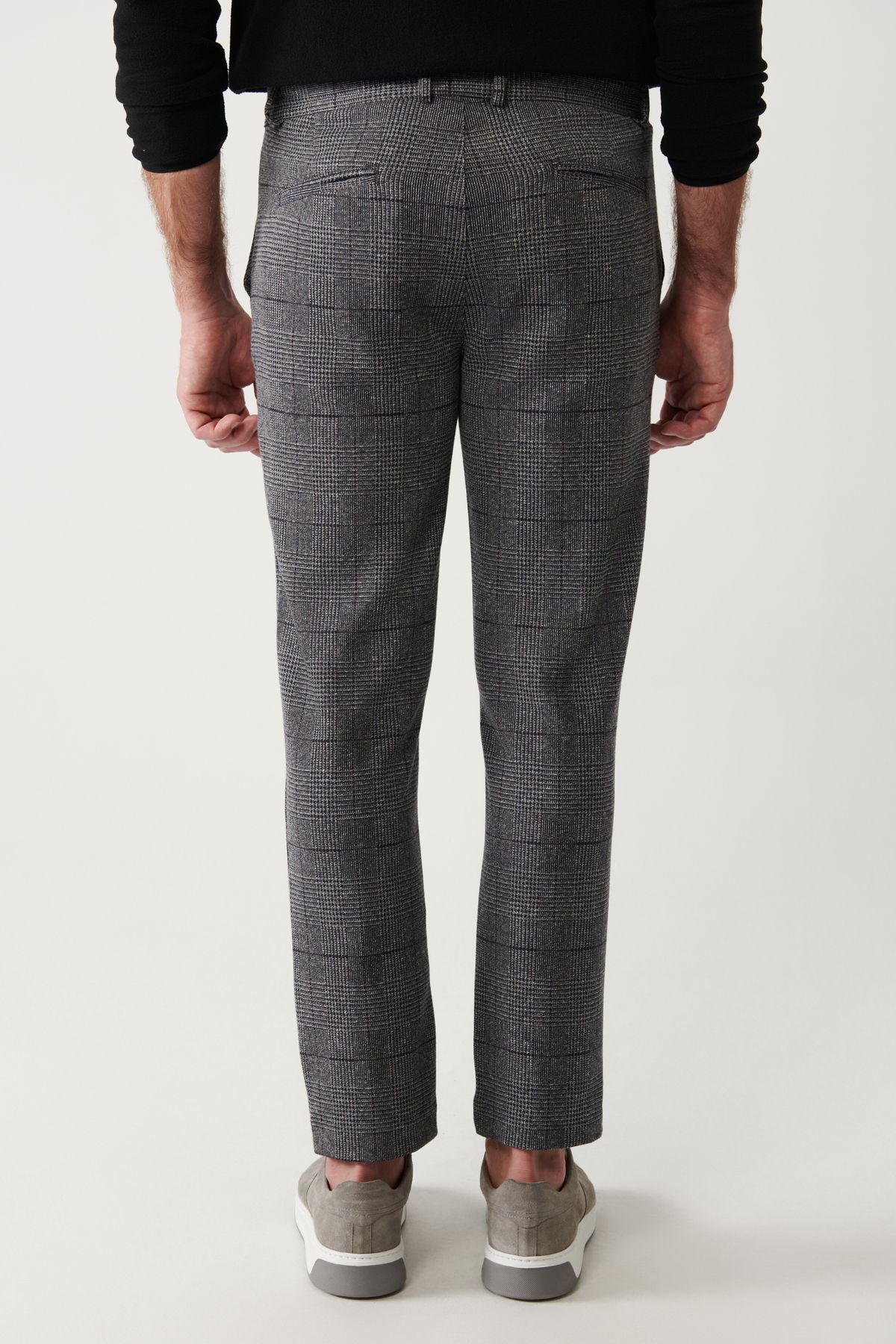 Avva-Men's Black Side Pocket Plaid Soft Button Knitted Chino Pants A32Y3075 4