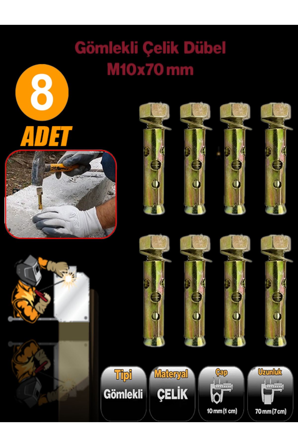 nublado Saplamalı Gömlek Çelik Dübel M10x70 mm Raf Montaj Bağlantı Zemin Monte Tavan Asma Aparat 8 Adet