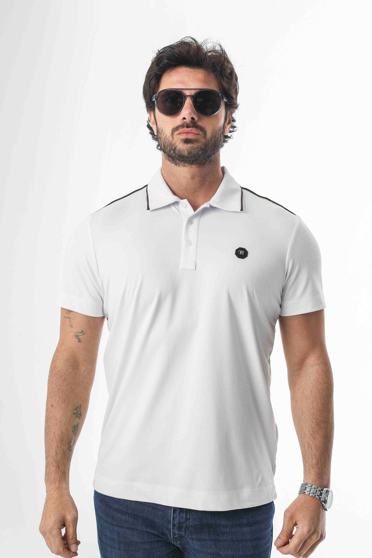 Tony Montana Polo Yaka Omzu Çizgili Armalı Düğmeli T-Shirt-6275