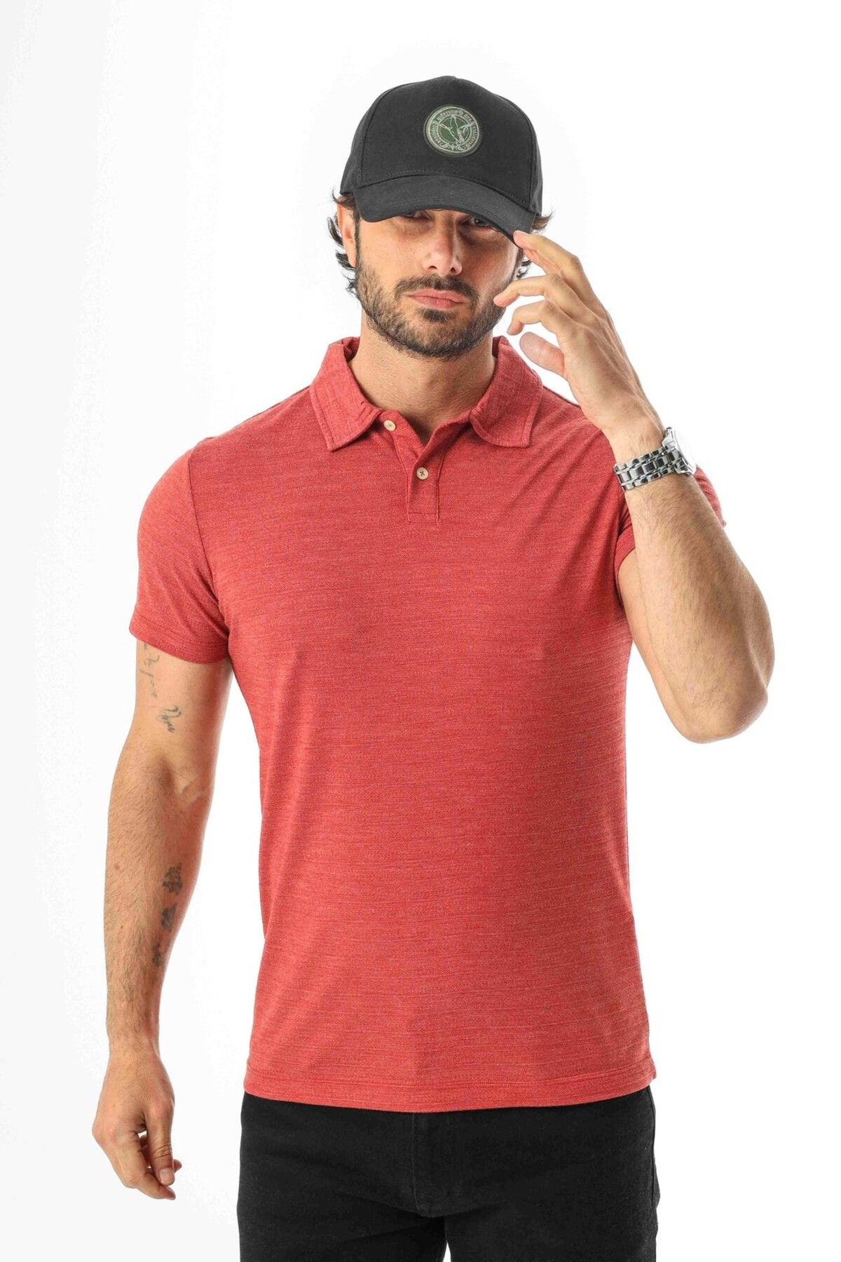 Tony Montana Polo Yaka Düğmeli Viskon Karışımlı Jakarlı T-Shirt-J-2093