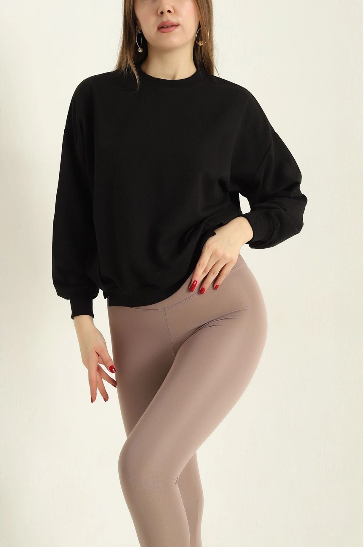 CF STORE Siyah Bisiklet Yaka İki İp Kadın Sweat
