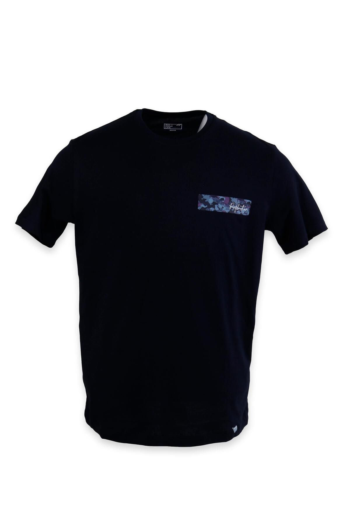 Globay Erkek Baskılı İşlemeli Pamuklu Slim Fit Tişört T6021-LACİVERT