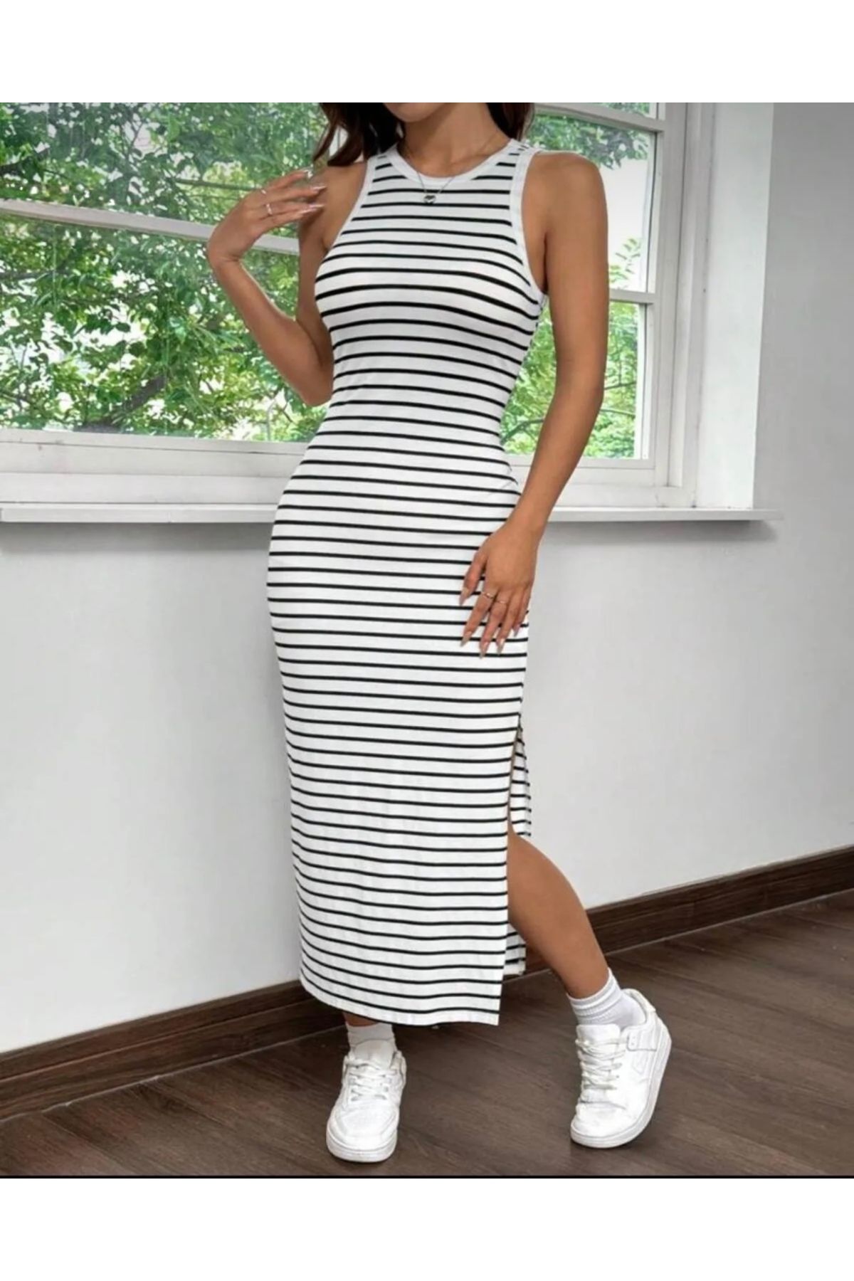 İYMES COLLECTİON Çizgili yırtmaçlı uzun örme elbise