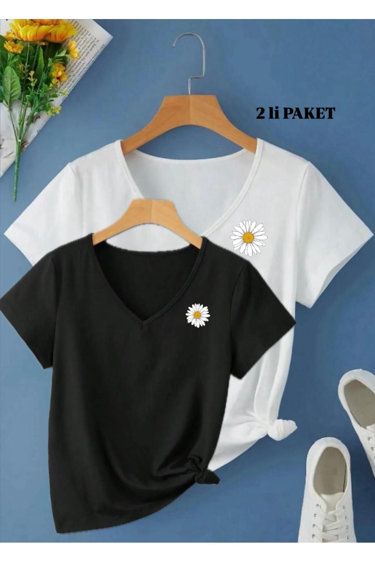 woonkey KADIN BASKILI V YAKA REGULAR KALIP TİŞÖRT 2'Lİ SET AVANTAJLI PAKET