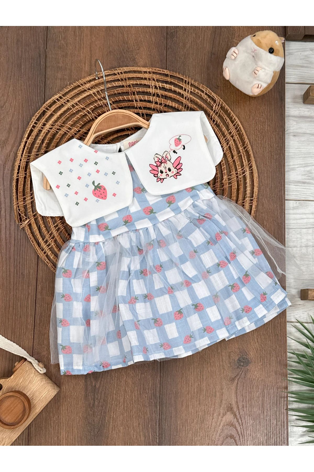 tiwitibaby Ekose Çilek Baskılı Yaka Nakışlı Yazlık Kız Bebek Tütü Elbise