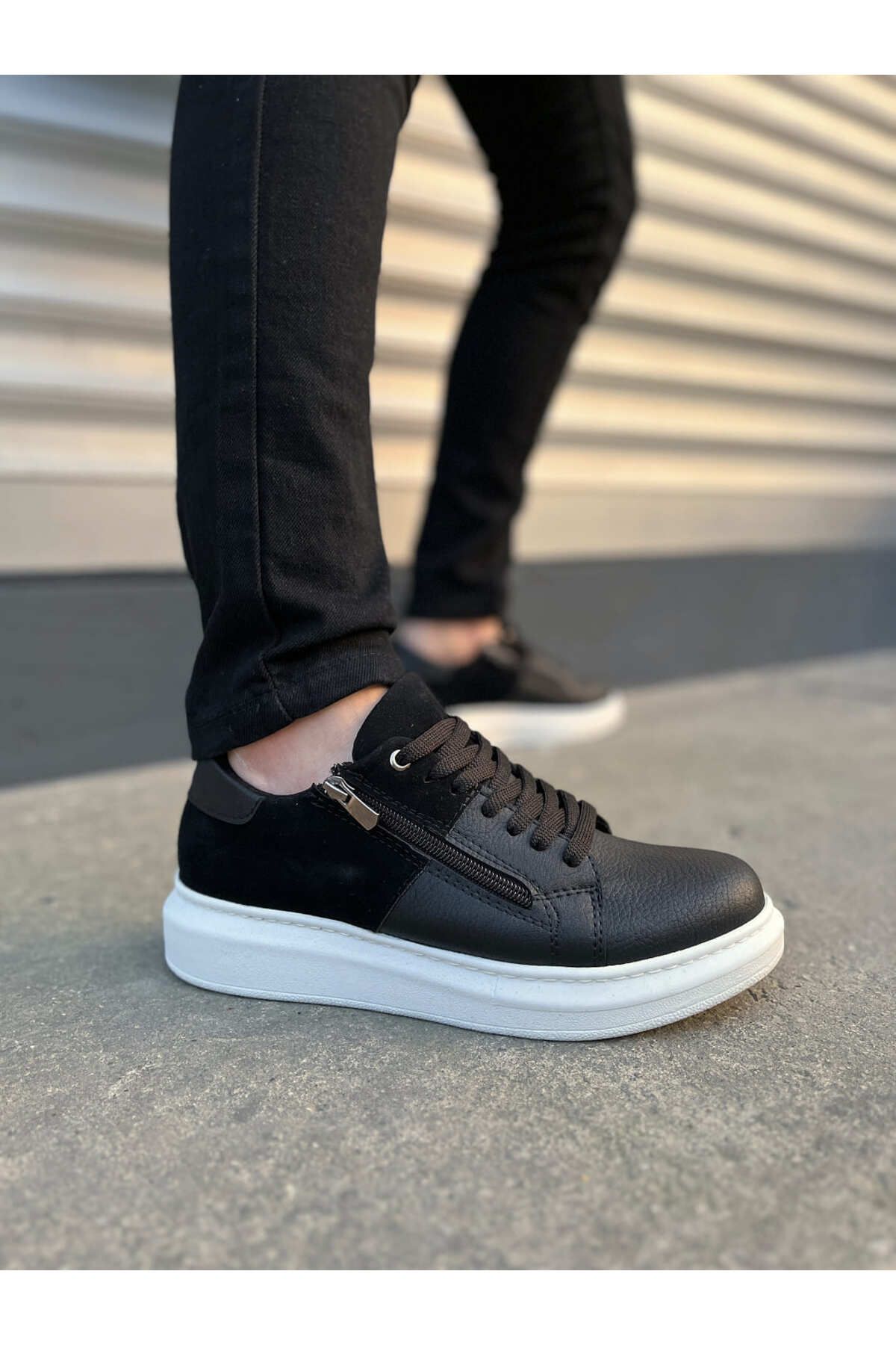 MEVESE Warrior Bağcıklı ve Fermuarlı Cilt Süet Erkek Günlük Sneaker Ayakkabı CSBT - Siyah