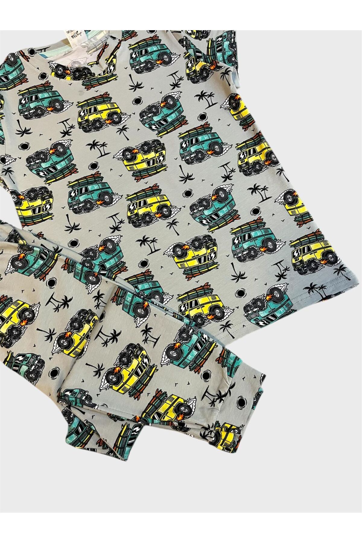 elmas kids-Boys' 100% Cotton Gray Car Patterned Short Sleeve Six Long Summer Pajama Set 3