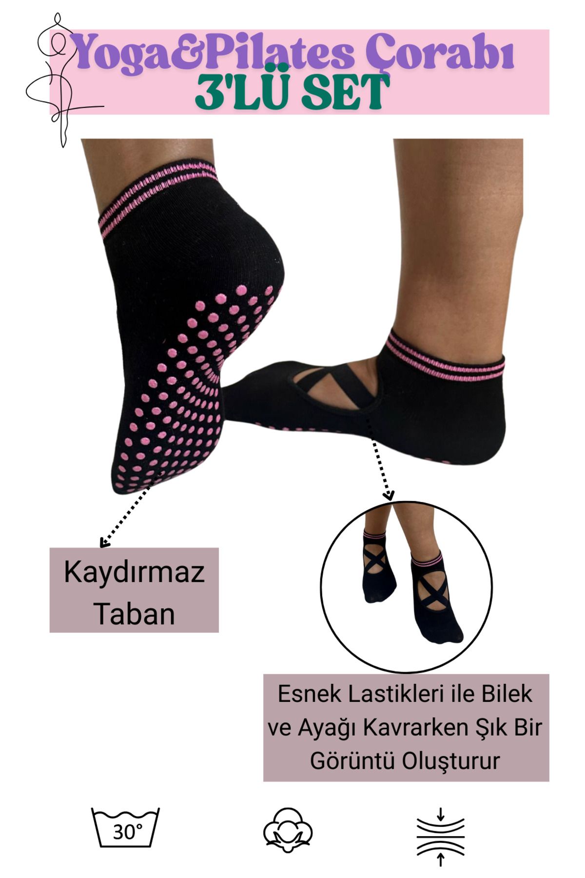 Oliva Nero 3'LÜ Kaydırmaz Pilates & Yoga Çorabı - Siyah, Pembe Kaydırmaz Taban - Sporda ve Evde Kullanıma Uygun