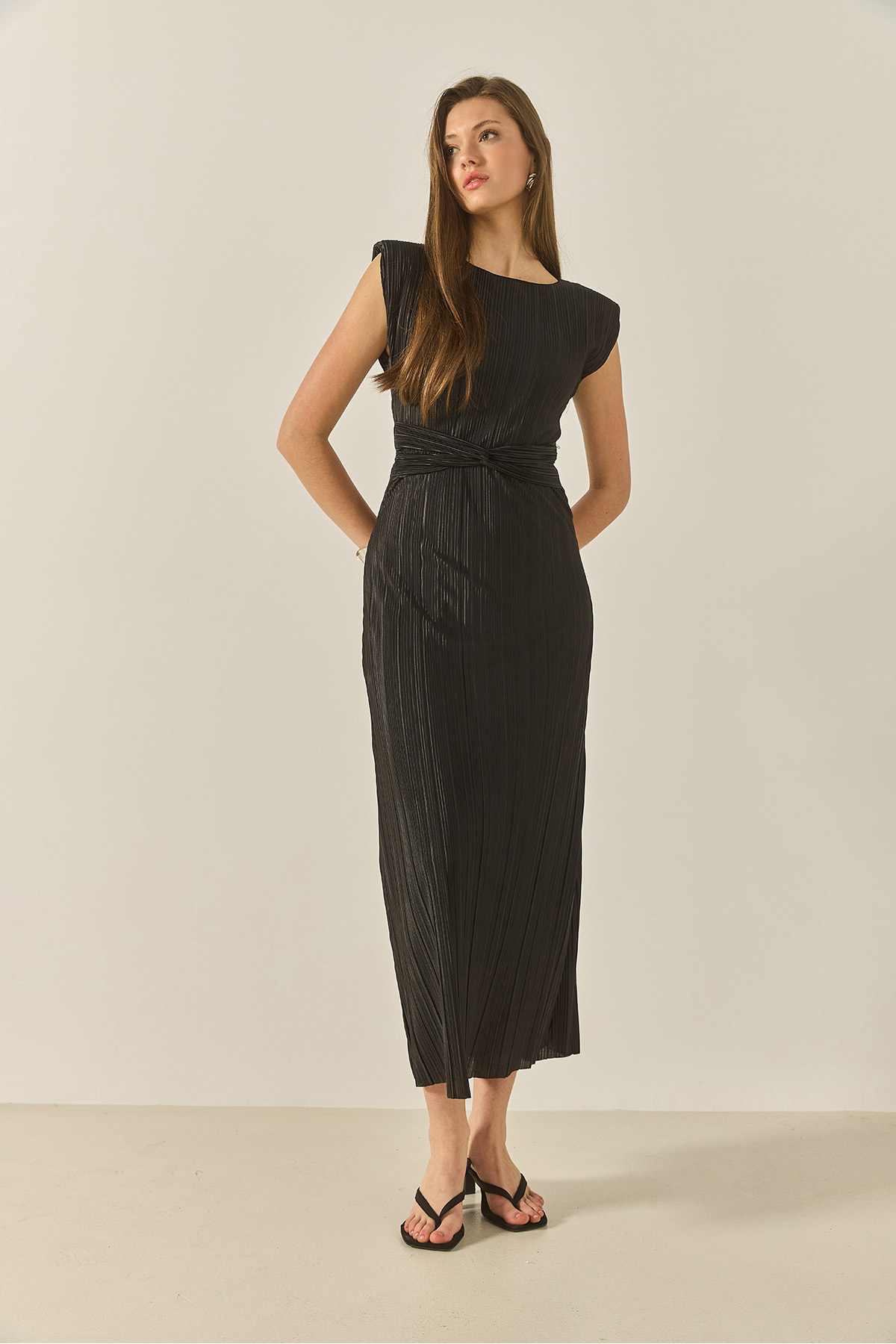 Bianco Lucci-Women's Waist Detailed Padded Satin Textured Long Pleated Dress 436 60283307 4