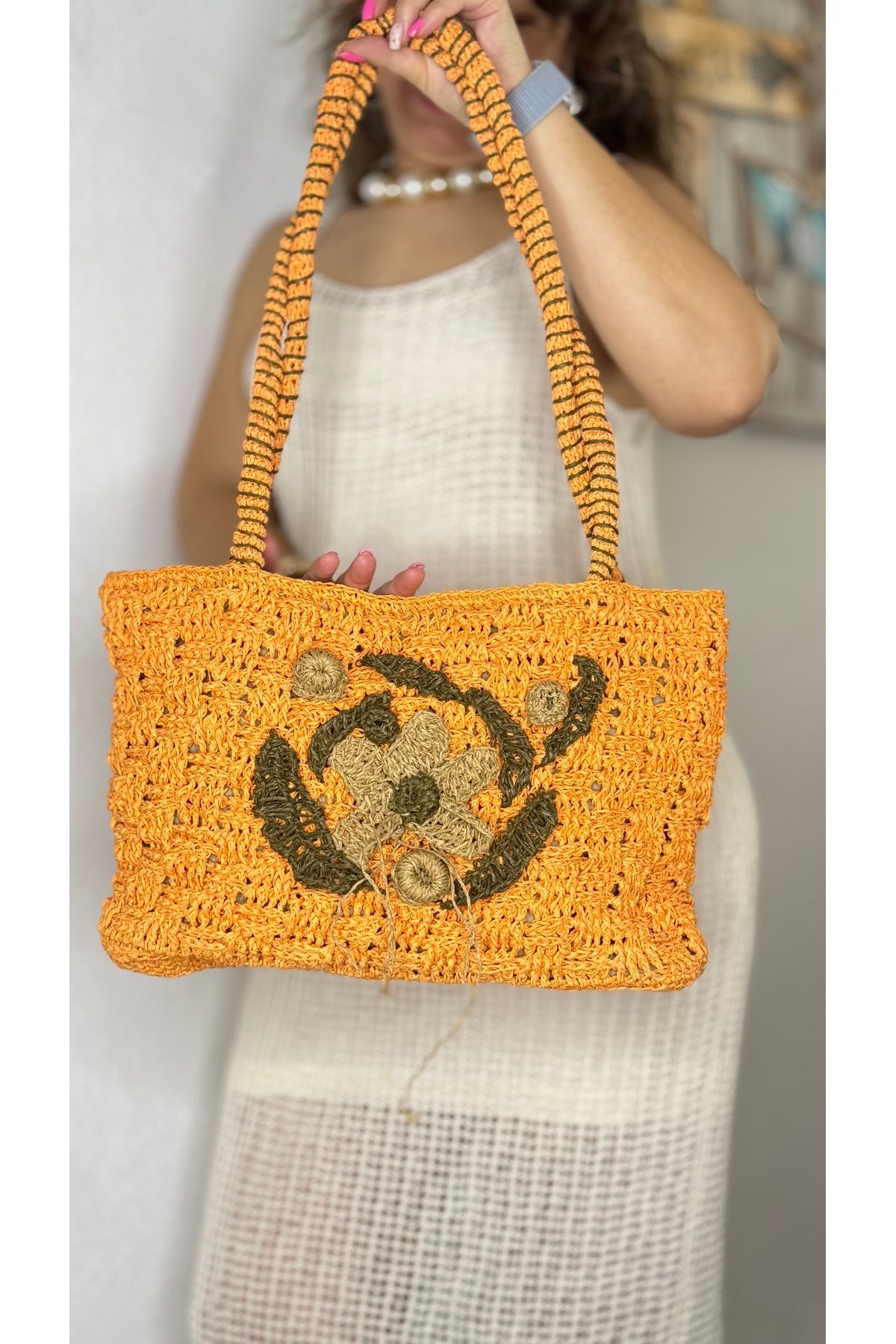 Tuvita Collection Bodrum Tamamen kağıt ip el işçiliği önü çiçek süslemeli içi astarlı kadın turuncu kol omuz çantası
