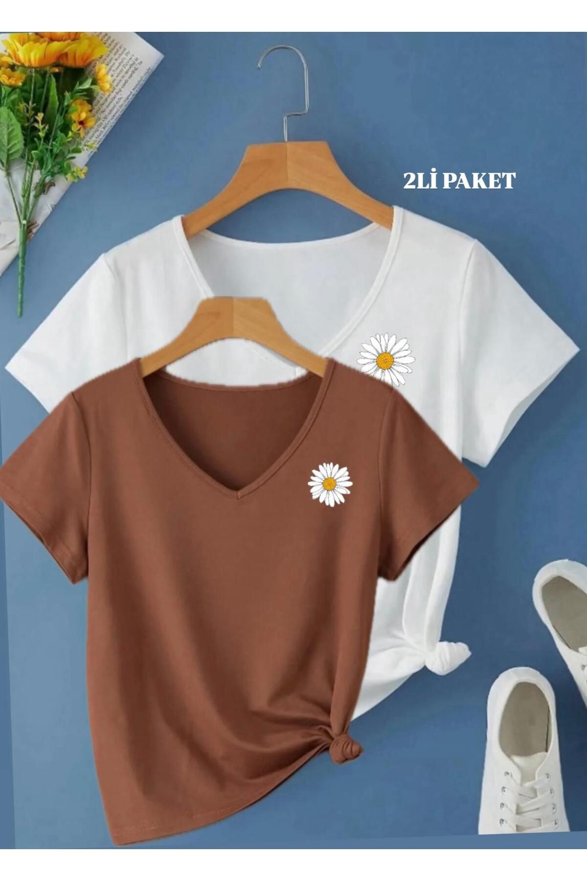 woonkey KADIN BASKILI V YAKA REGULAR KALIP TİŞÖRT 2'Lİ SET AVANTAJLI PAKET