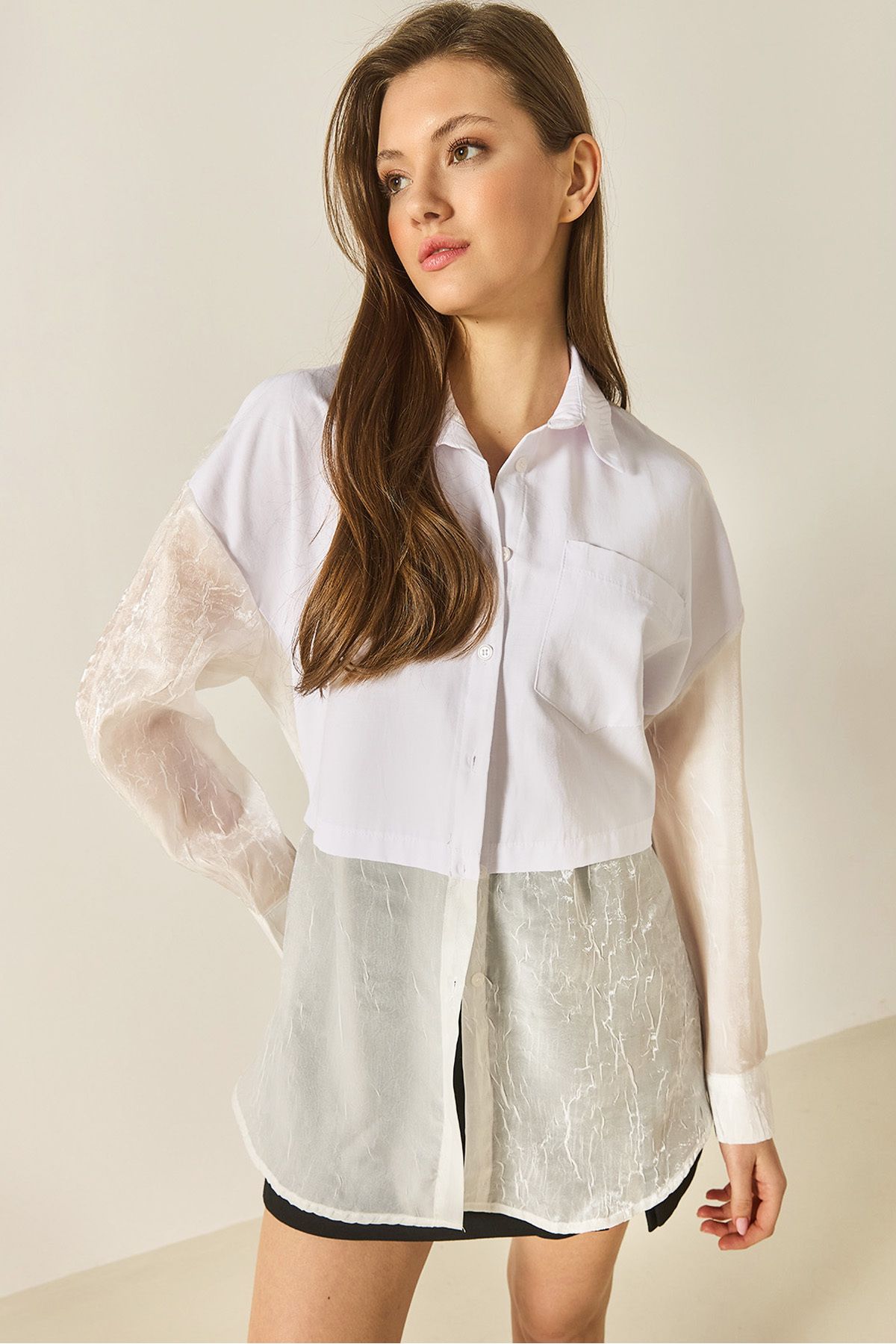 Bianco Lucci Kadın Organze Tül Detaylı Oversize Gömlek 60502 60283263