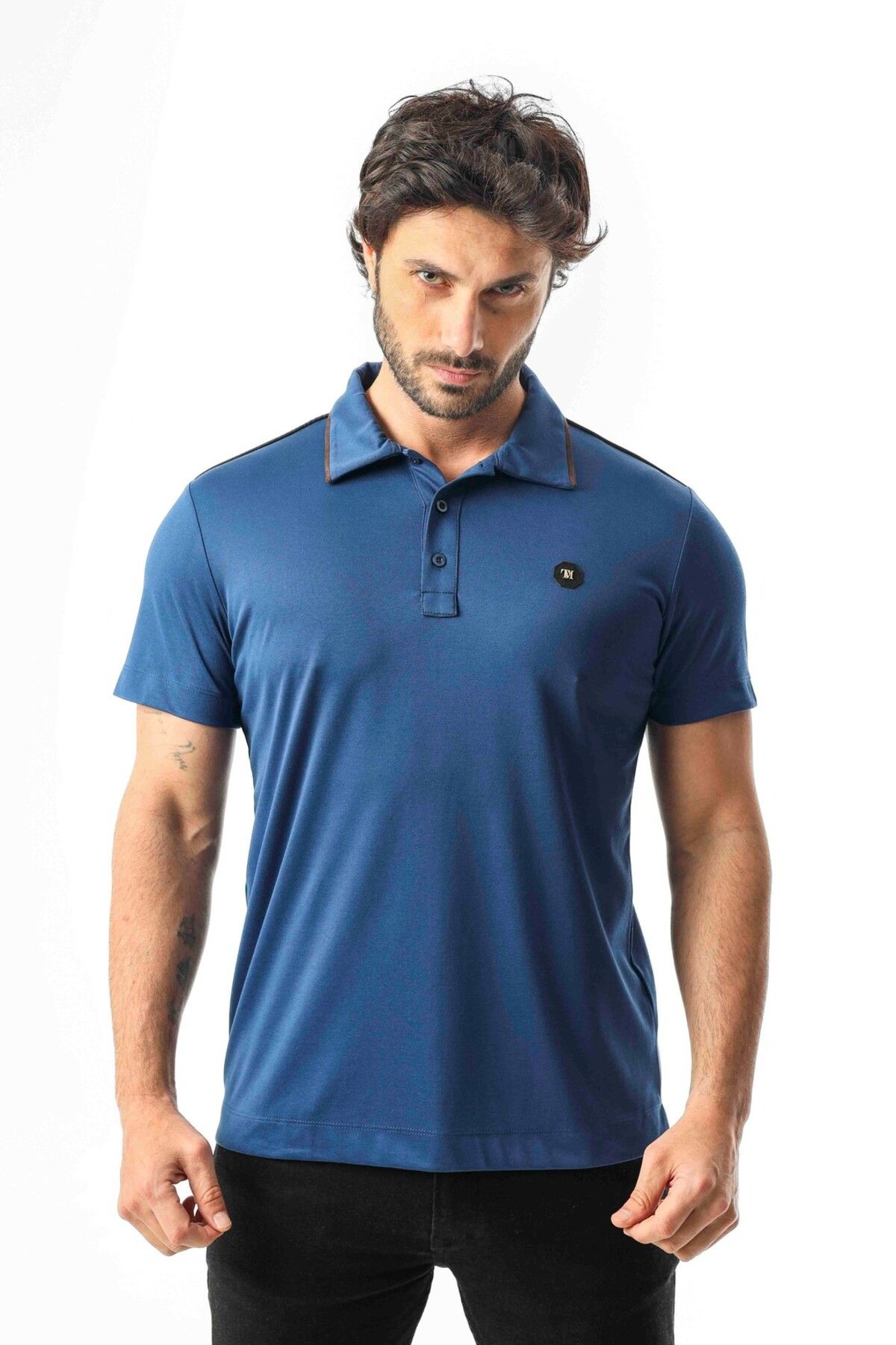 Tony Montana Polo Yaka Omzu Çizgili Armalı Düğmeli T-Shirt-6275