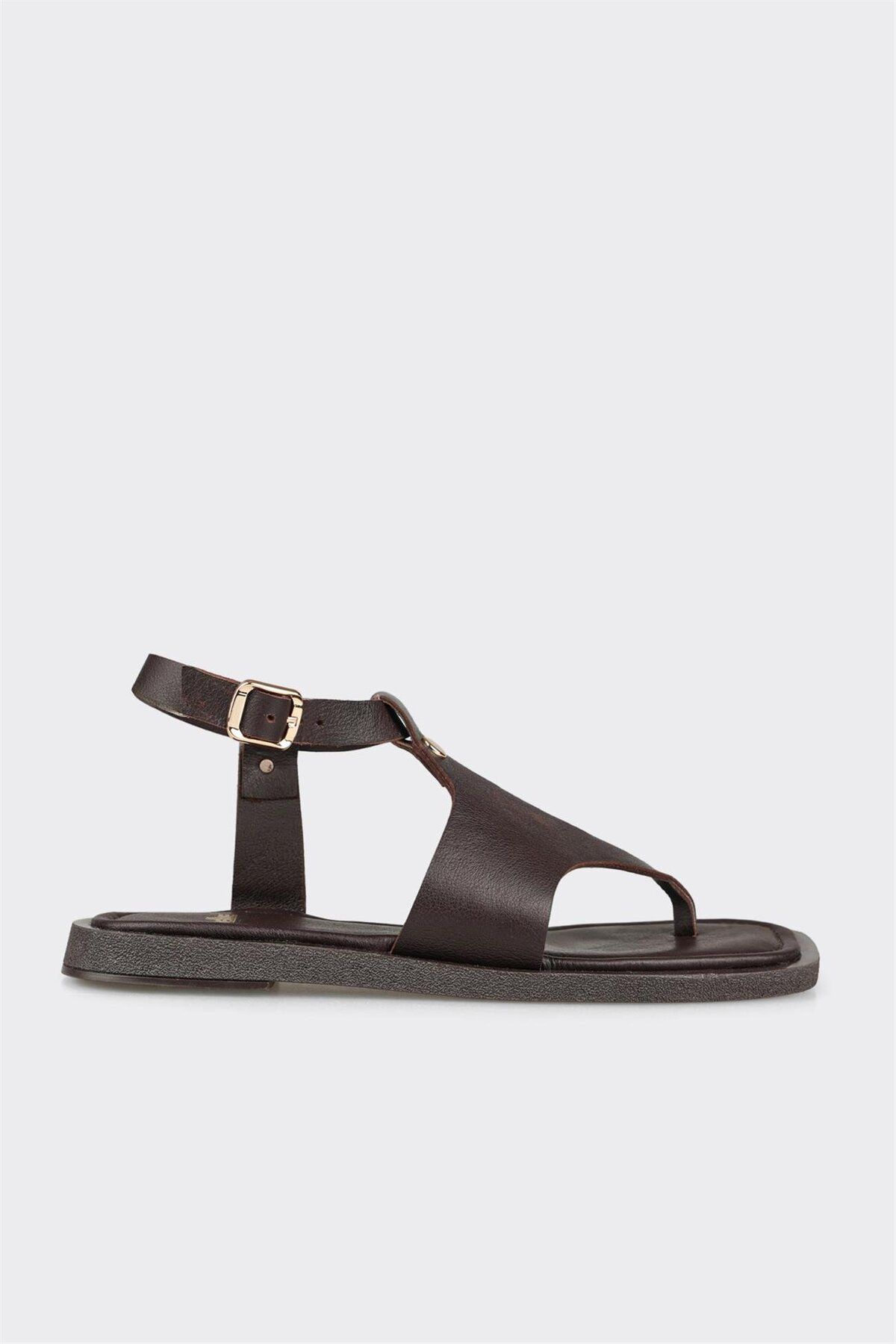 Elle Shoes Kahve Deri Kadın Parmak Arası Sandalet