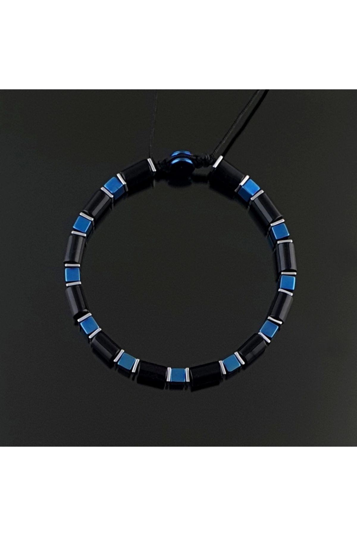 Seven Art Jewelry Doğal Taş Bileklik, Mavi Hematit Küp ve Siyah Akik Bileklik, Ayarlanabilir, Erkek Bileklik, Kadın Bi