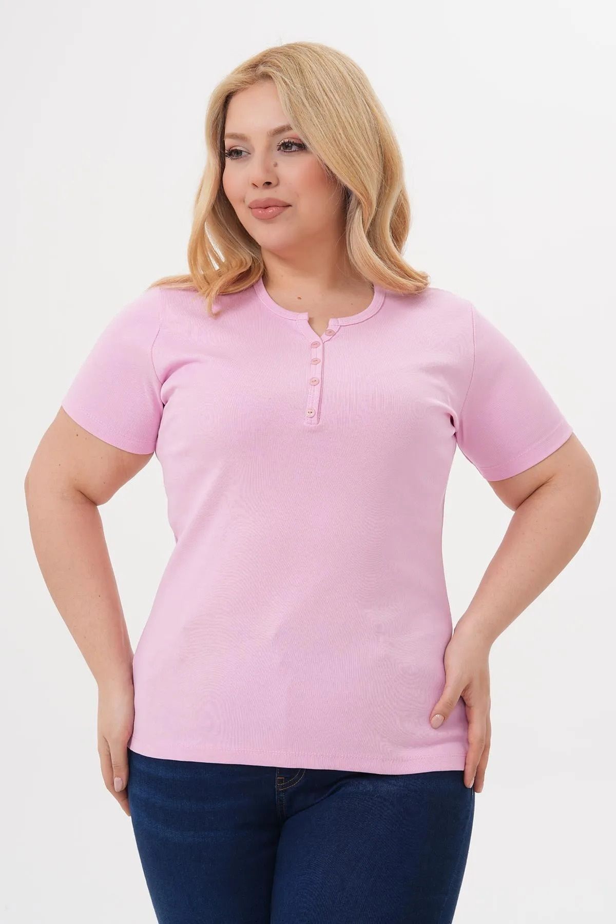 LİFERA Pamuklu Likralı Düğme Detay Basic T-shirt , Büyük Beden tşört
