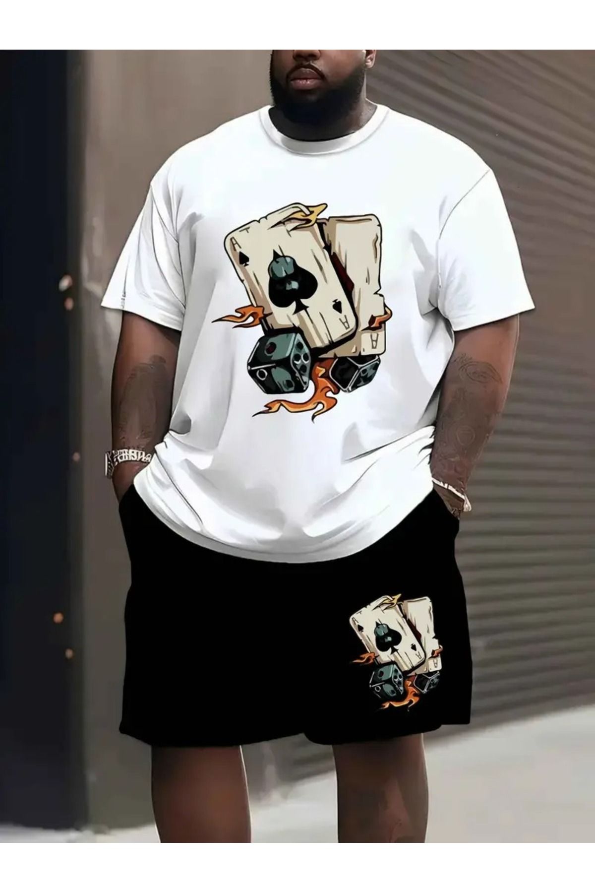 LAND MODA Erkekler için Rahat Yaka T-Shirt, Kart Çekirdek Baskılı, Bol Kesim