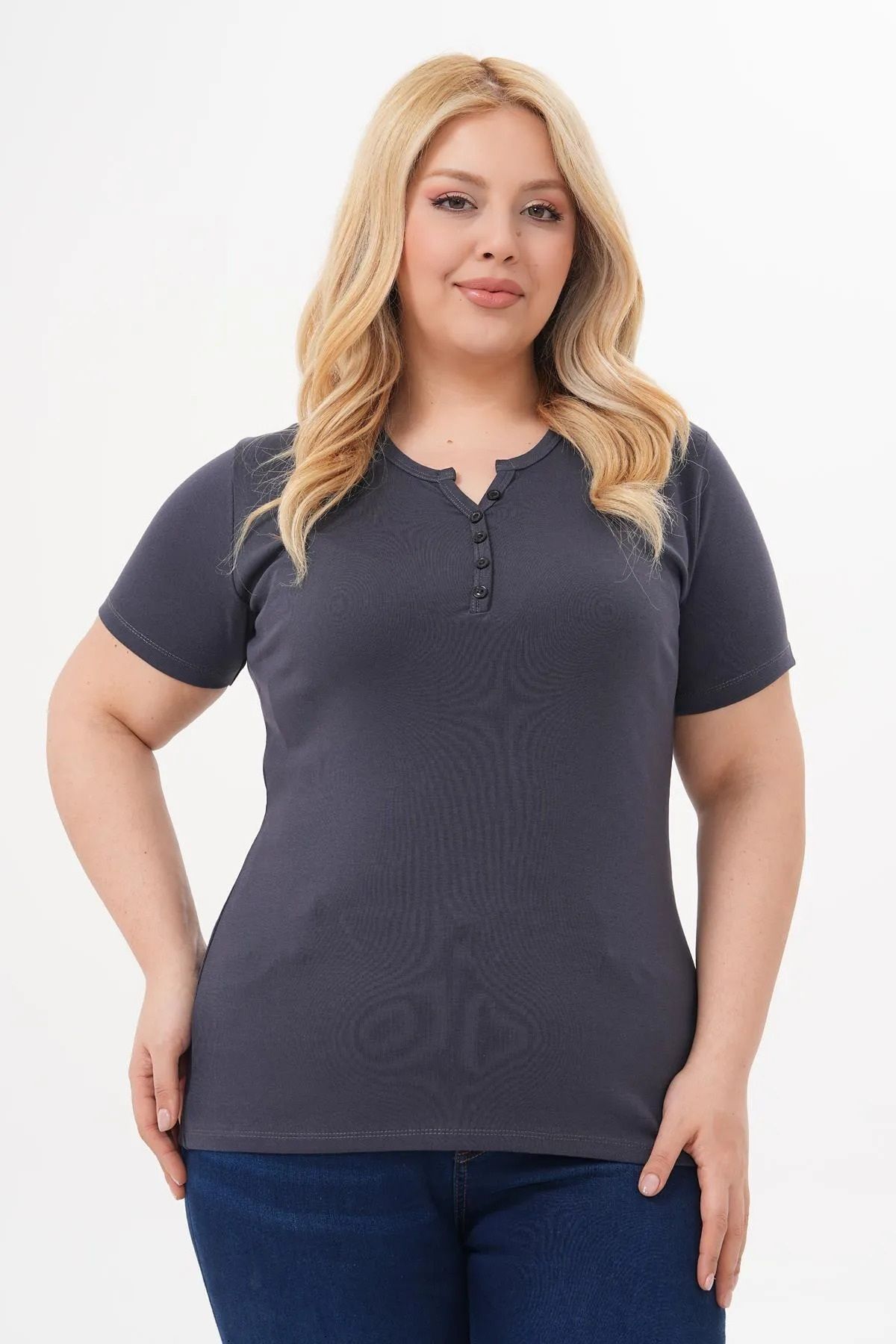 LİFERA Pamuklu Likralı Düğme Detay Basic T-shirt , Büyük Beden tşört