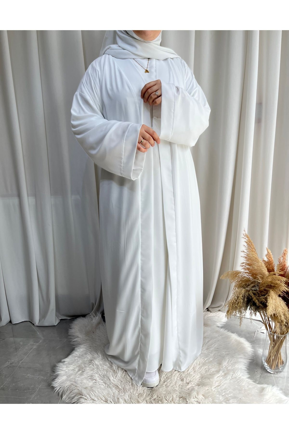 afife Model Hacer Medine İpeği Uzun Kol Elbise Abaya Takımı (4 Parça) - Beyaz