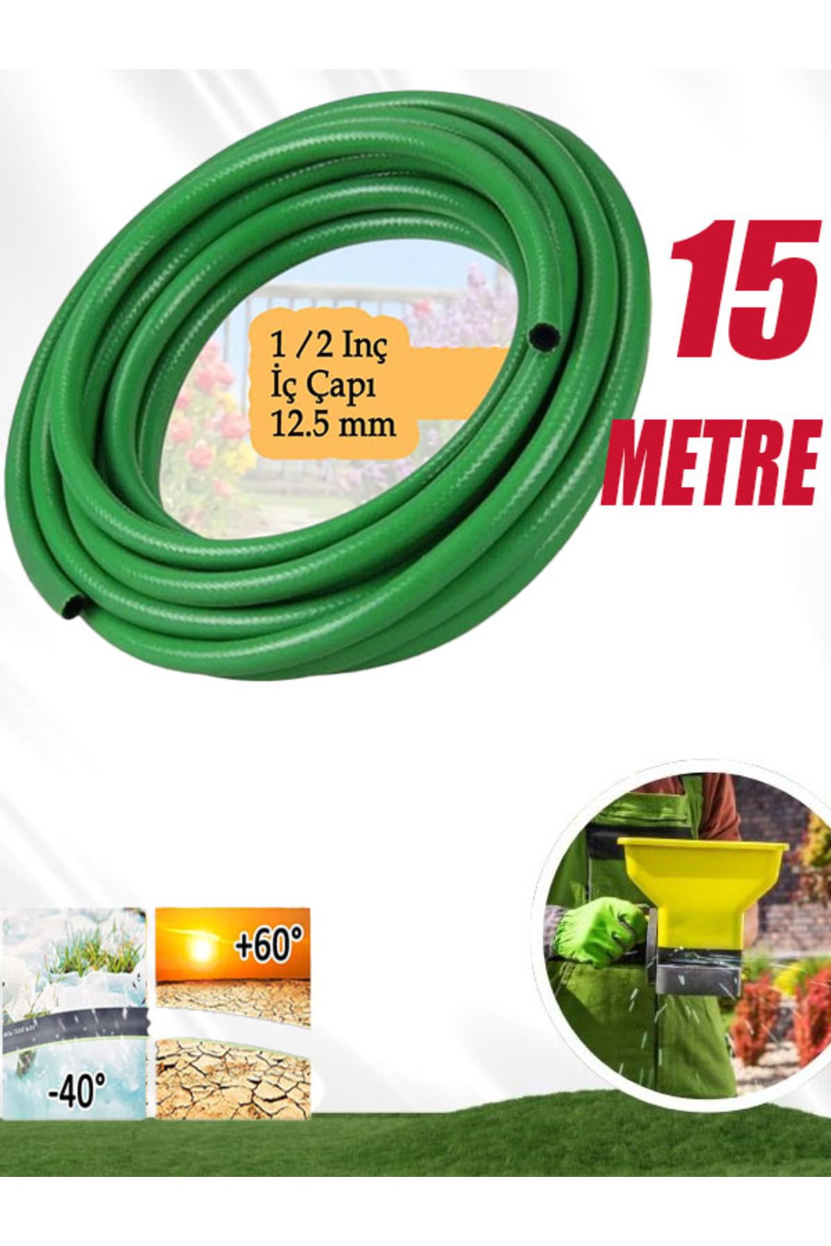 nublado Sulama Yıkama Hortum 12.5 mm 1/2" Termo Bahçe Hortumu 15 Metre Dayanıklı 3 Katlı Sağlam Çeşme Suyu
