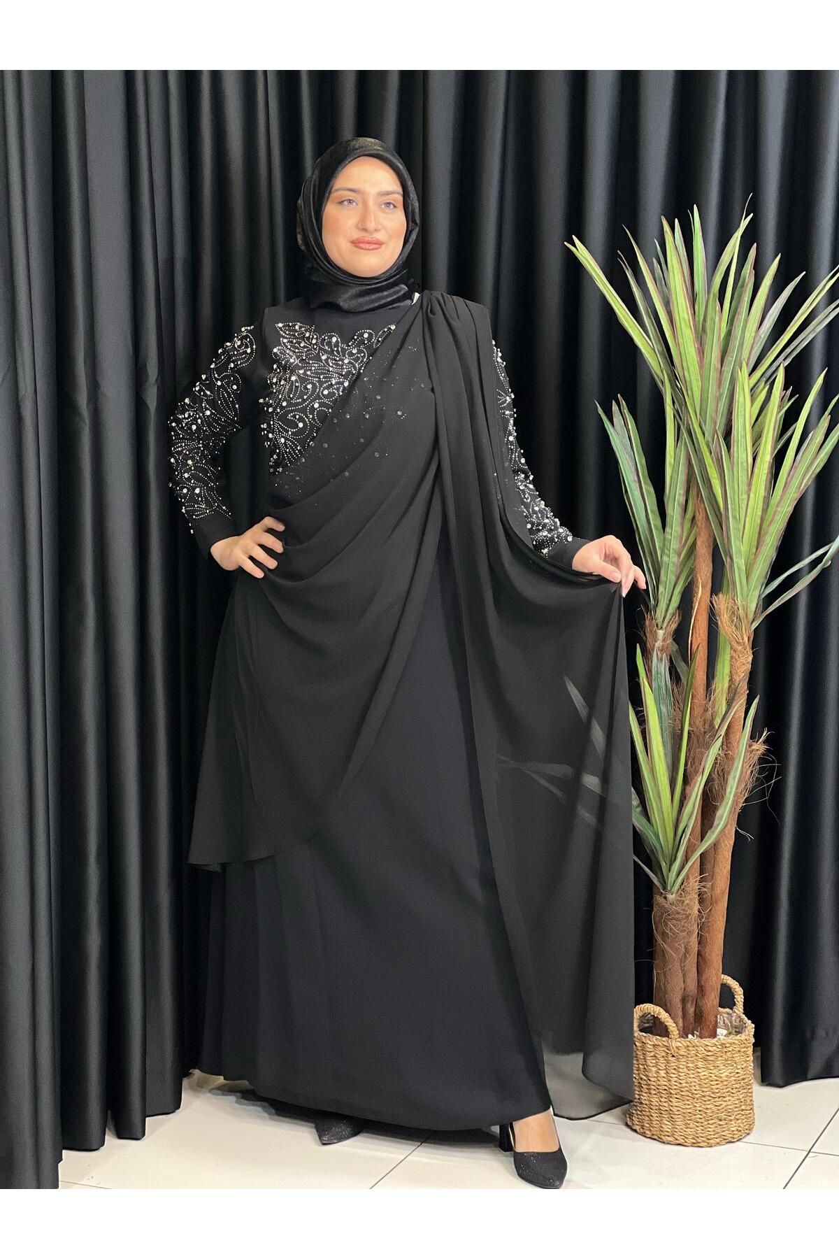 Butik büyük beden Çapraz Pelerinli Abiye