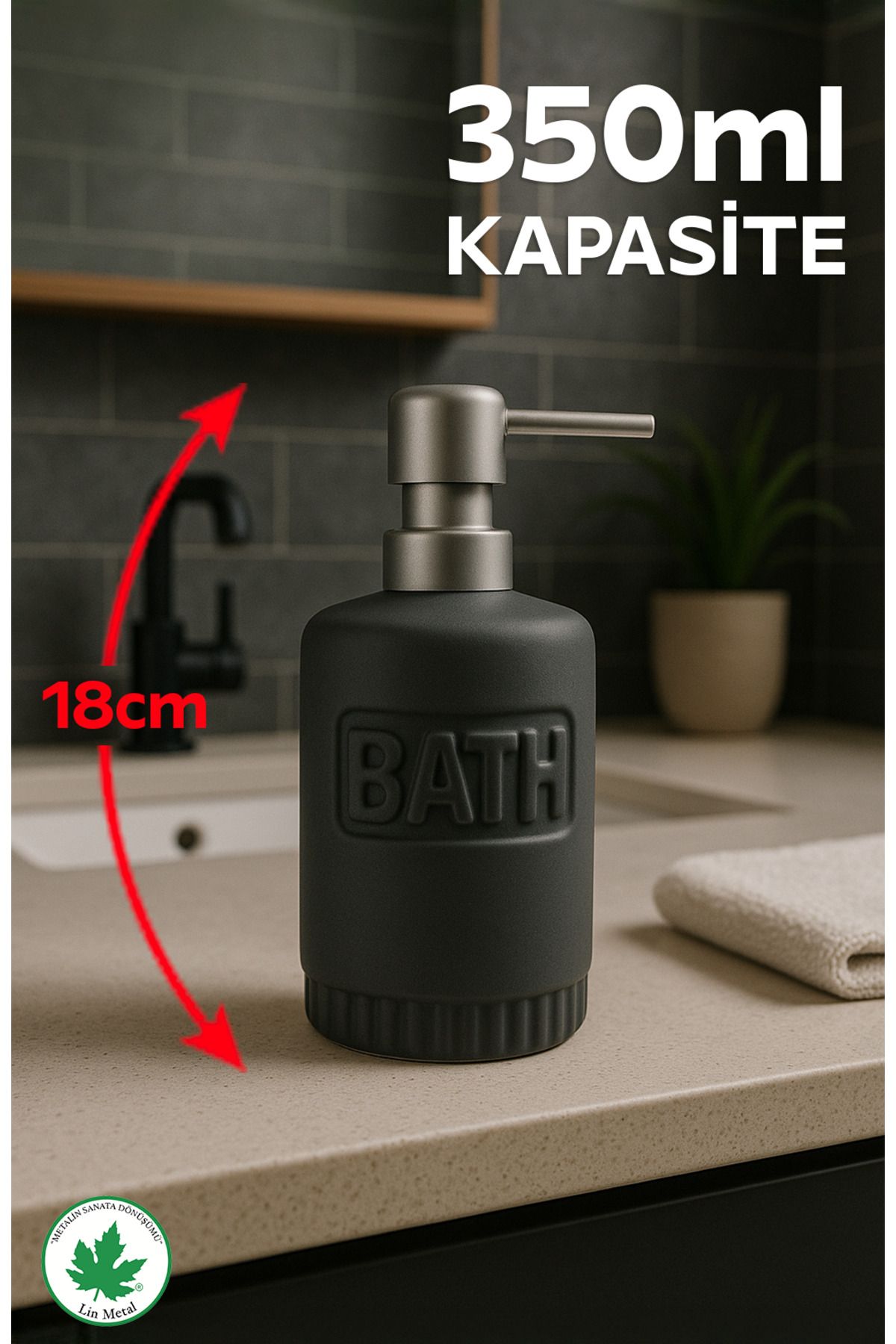 linmetal Modern Seramik Banyo Sabunluk - Mat Gri - Pembe Sıvı Sabunluk Pompalı Dispenser | Şık & Dayanıklı