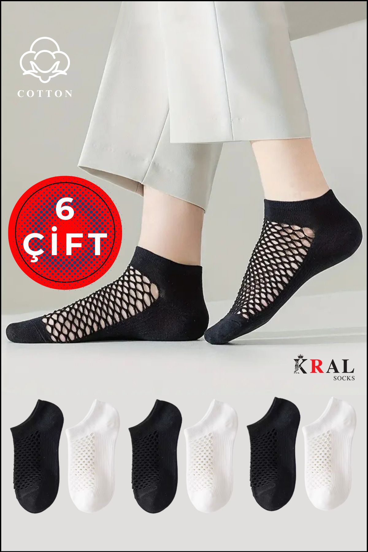 KRAL SOCKS Kadın Patik (6 ÇİFT) Çeyrek Soket File Model Pamuklu Terletmez Çorap Seti