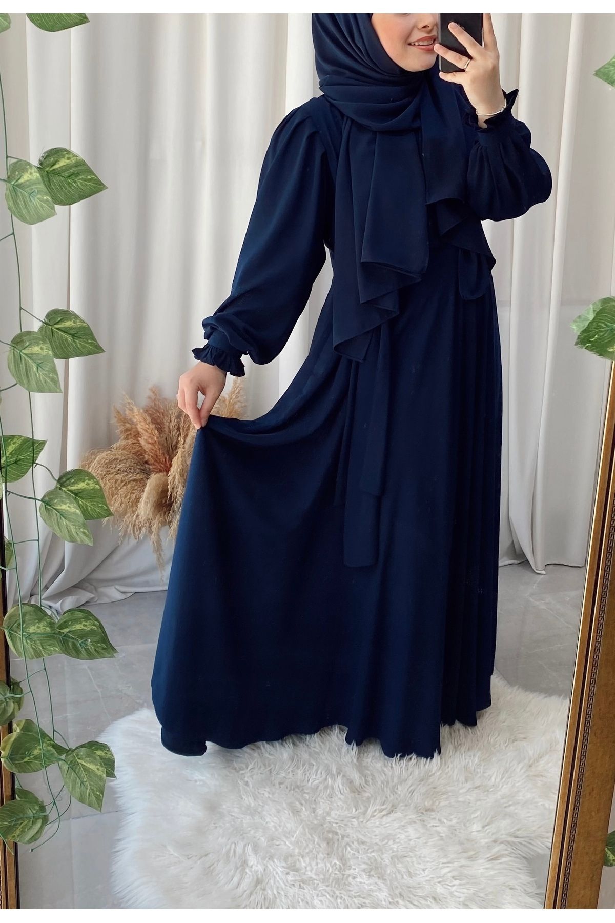 afife (Model Ceyda) Medine İpeği Kruvaze Yan Çapraz Bağcıklı Mevlana Etekli Tesettür Elbise