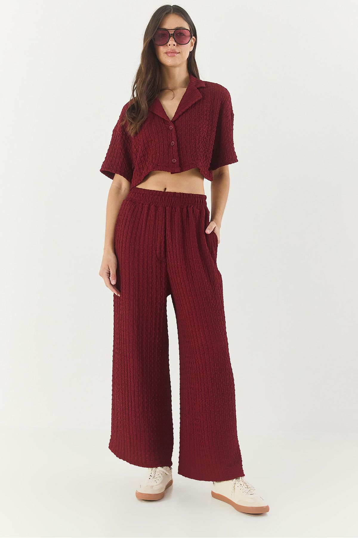 Bianco Lucci Kadın Gofre Crop Ceket Beli Lastikli Yüksek Bel Pantolonlu Alt-Üst Takım 9313 60281043