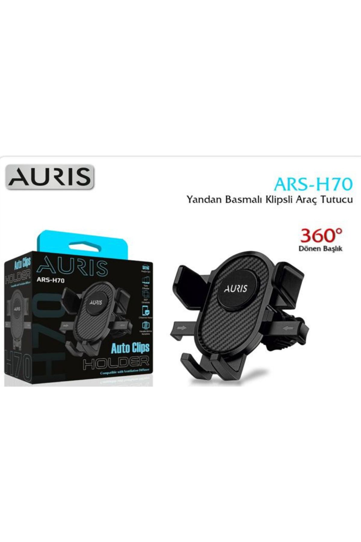Auris YANDAN BASMALI KLİPSLİ 360° DÖNER BAŞLIKLI ARAÇ İÇİ TELEFON TUTUCU
