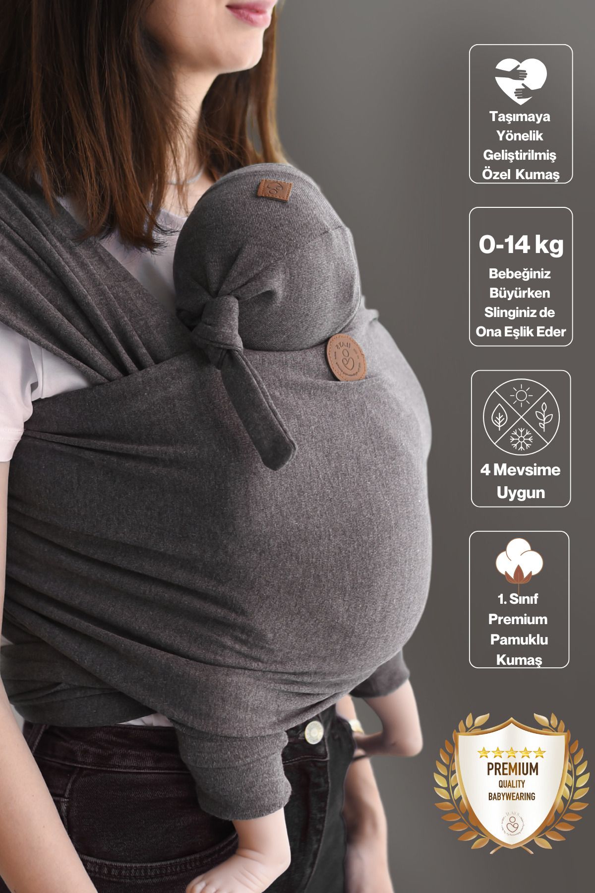 Premium Birinci Sınıf Pamuklu Esnek Wrap Sling Antrasit (BABYWEARİNGE ÖZEL ÜRETİM KUMAŞ)