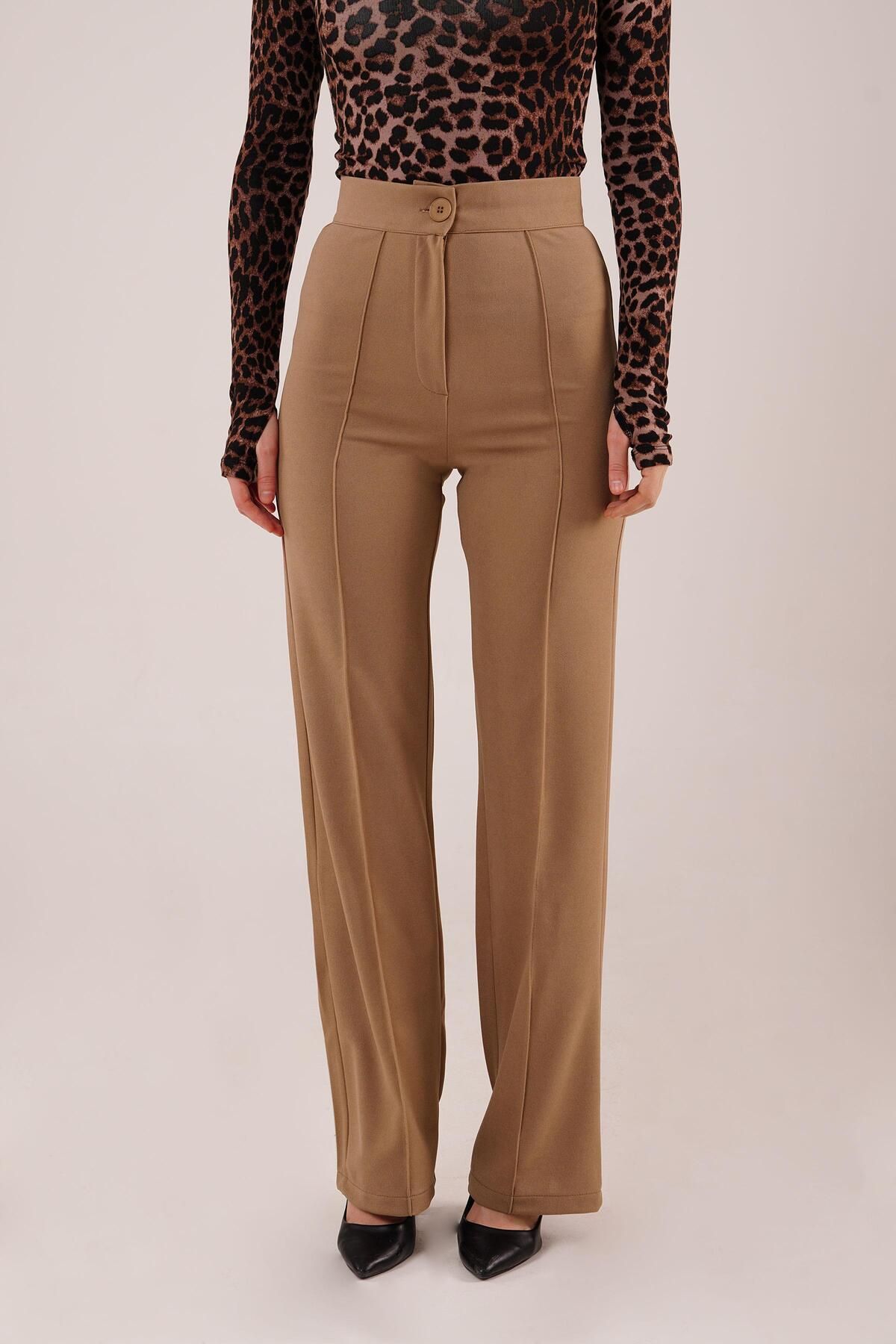 VELİZADE Yüksek Bel Esnek Konfor Modeli Dikiş Detaylı Premium Geniş Bol Paça Wide Leg Palazzo Kumaş Pantolon