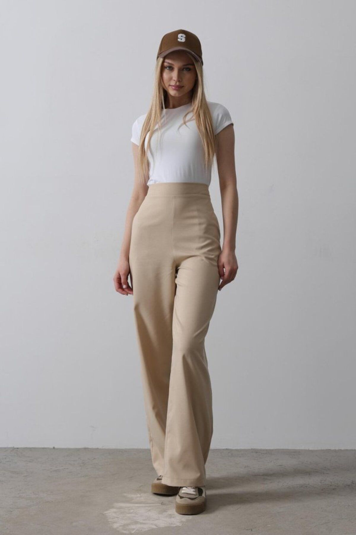 VELİZADE Yüksek Bel Esnek Konfor Modeli Beli Lastikli Camel Cepli Bol Paça Wide Leg Palazzo Pantolon