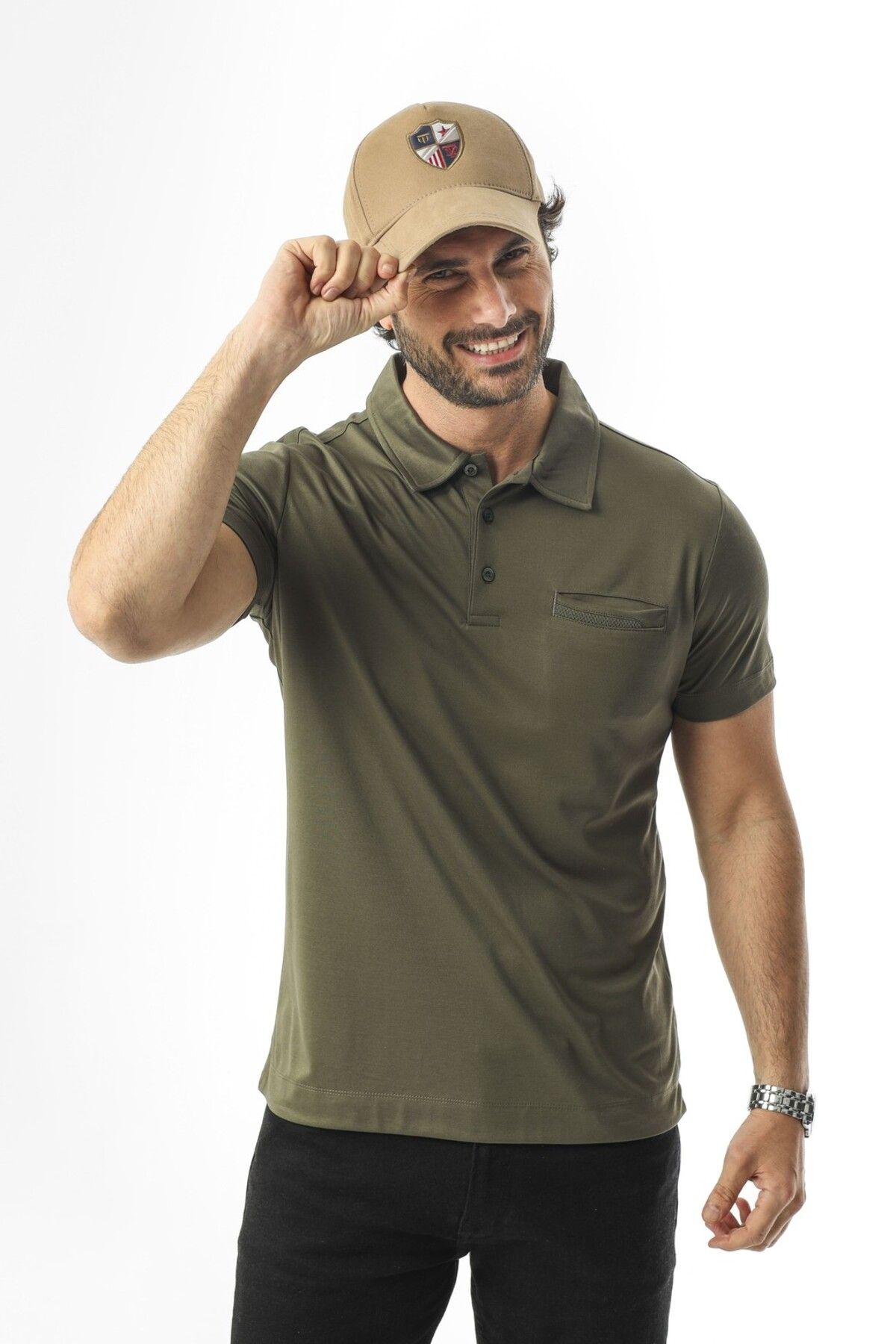 Tony Montana Polo Yaka Düğmeli Cepli Düz Renk T-Shirt-6288